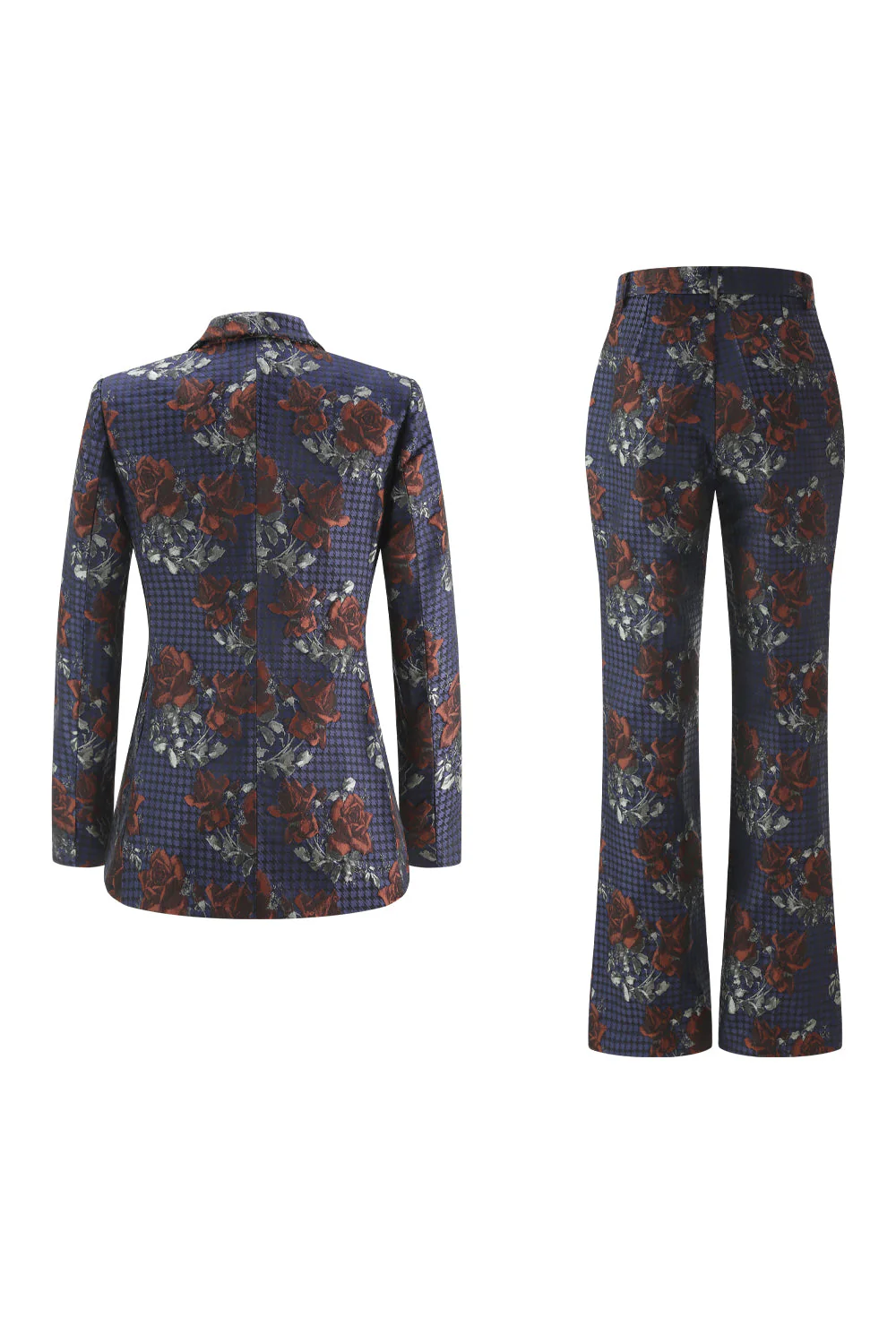 Bleu Rouge Floral Un Bouton Peak Revers Femmes Costumes - Image 2