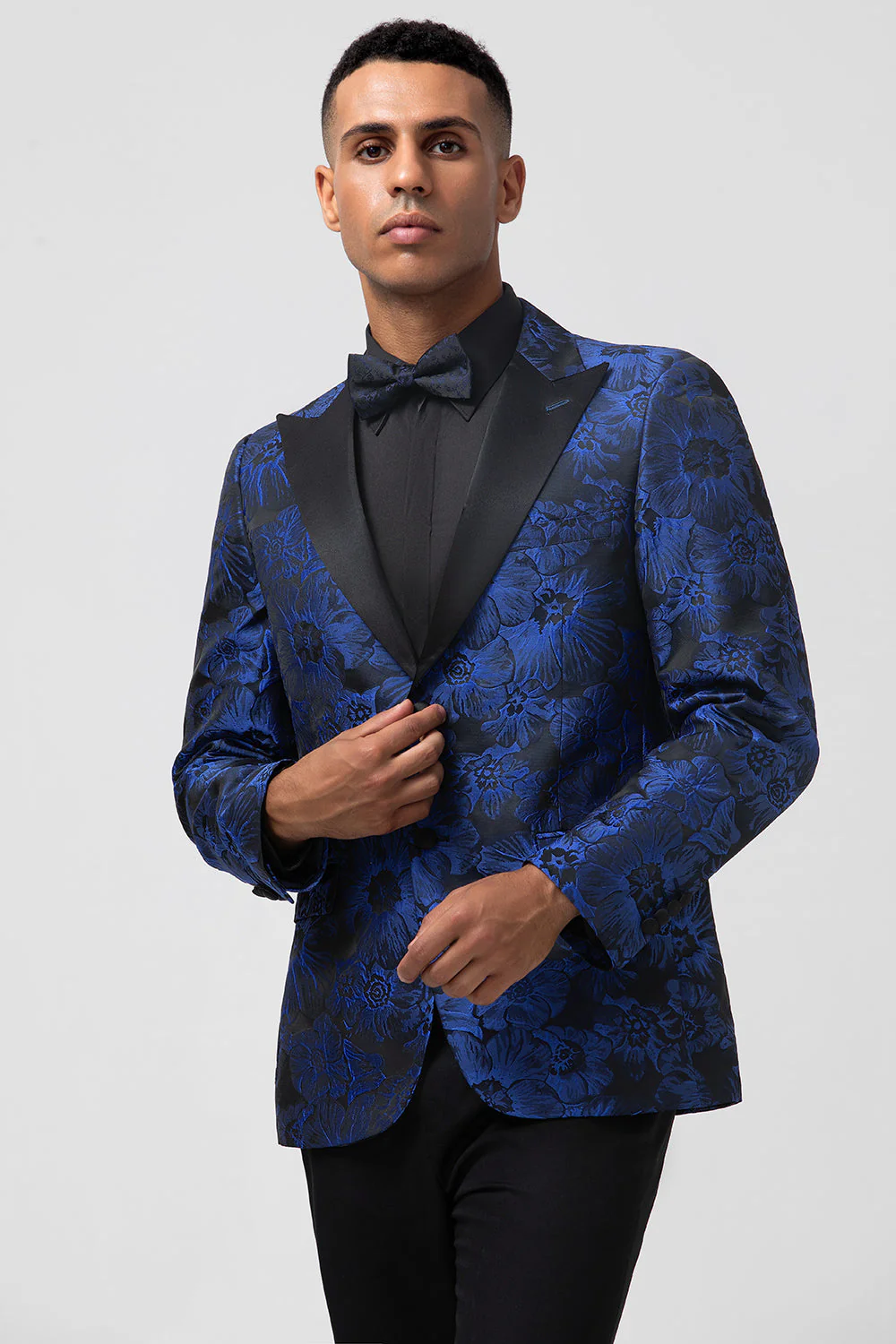 Bleu royal 2 pièces à revers en pointe Jacquard Costumes de bal pour hommes - Image 3