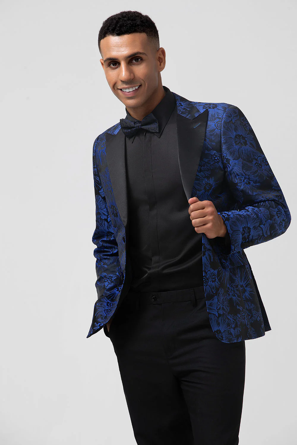 Bleu royal 2 pièces à revers en pointe Jacquard Costumes de bal pour hommes - Image 4