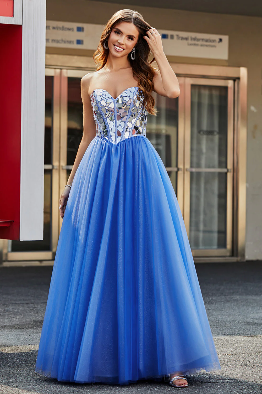 Bleu Royal A-ligne Sweetheart Broken Mirrors Corset Bretelles Longue Robe de bal - Image 3