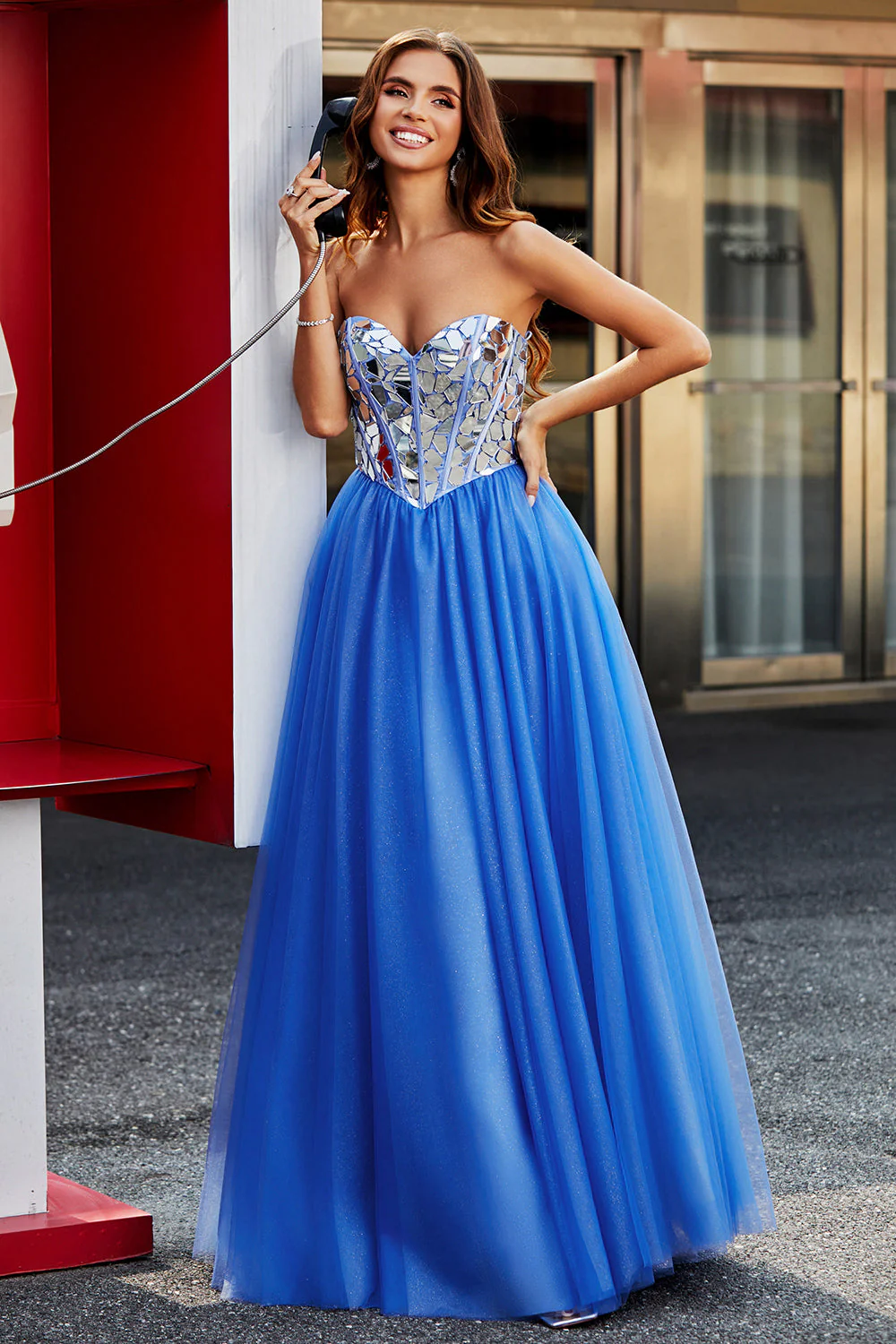 Bleu Royal A-ligne Sweetheart Broken Mirrors Corset Bretelles Longue Robe de bal - Image 4