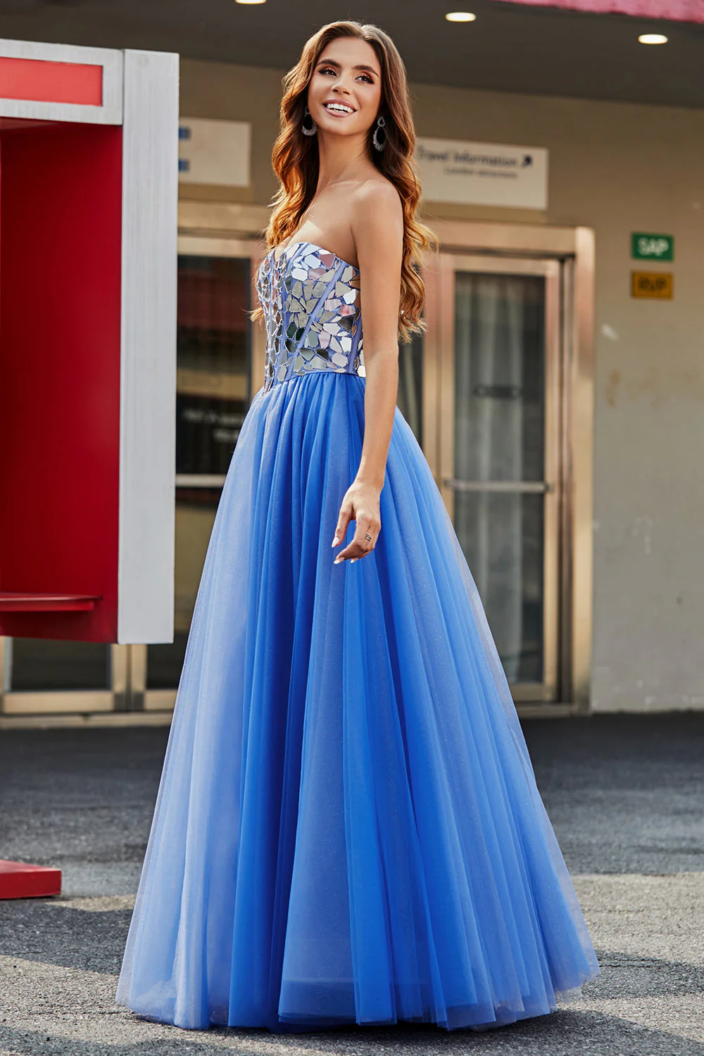 Bleu Royal A-ligne Sweetheart Broken Mirrors Corset Bretelles Longue Robe de bal - Image 5