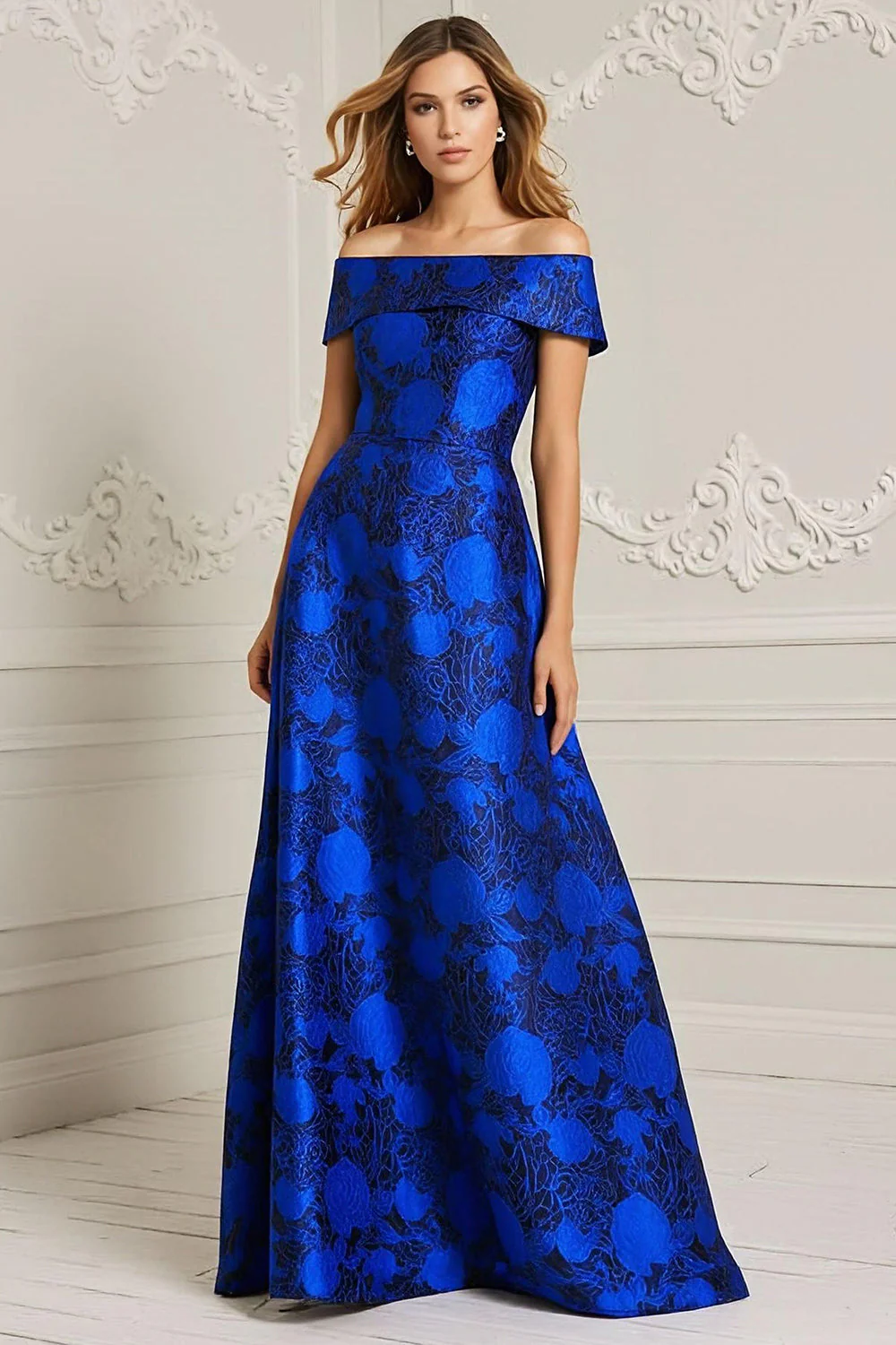 Bleu Royal Épaule Dénudée Imprimée Une Ligne Robe Mère de la Mariée