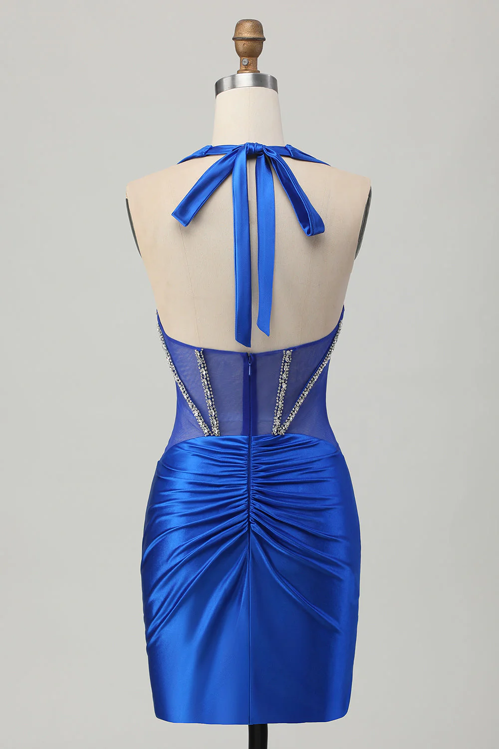 Bleu royal moulante dos nu Satin Robe de soirée courte avec strass - Image 2