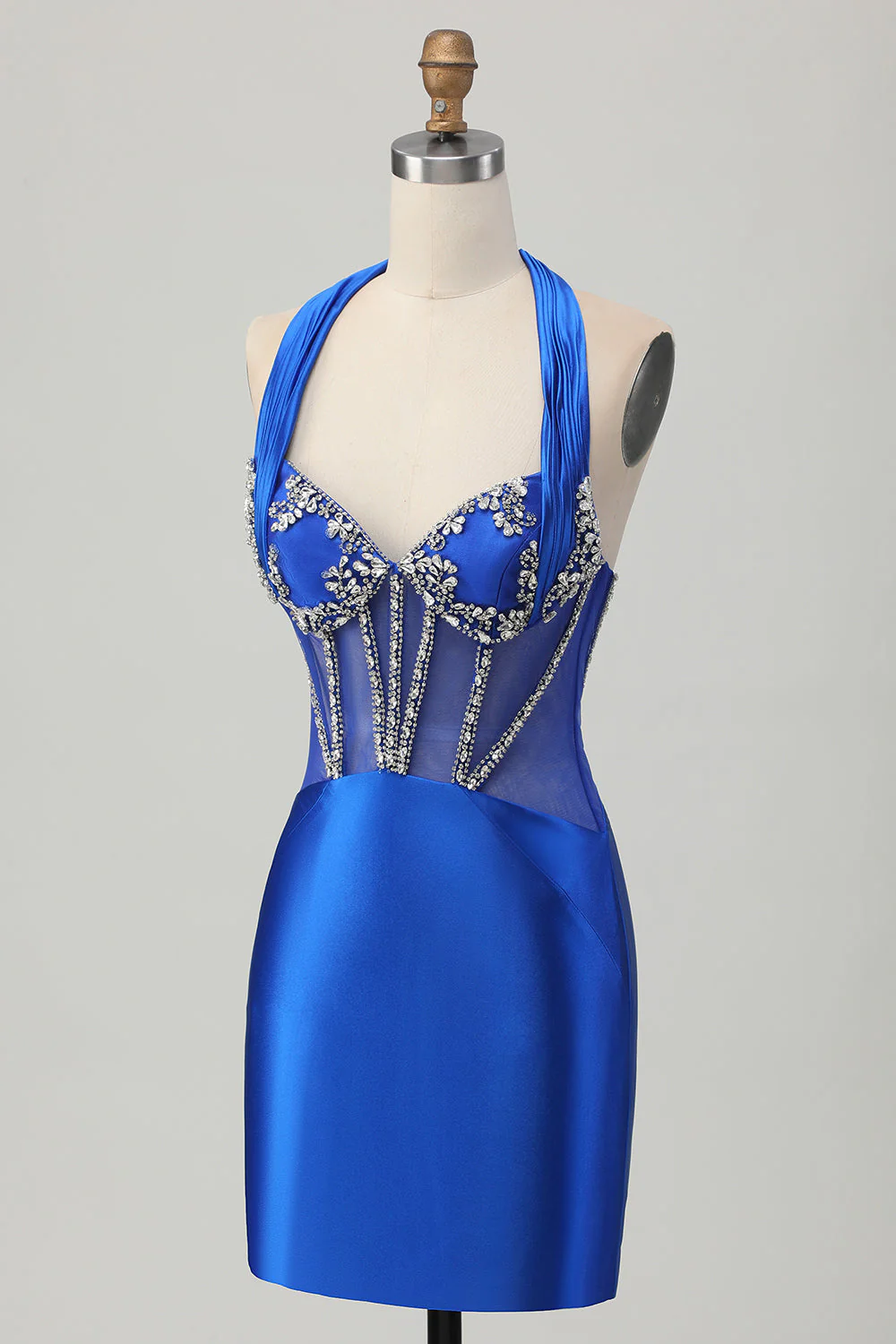 Bleu royal moulante dos nu Satin Robe de soirée courte avec strass - Image 3
