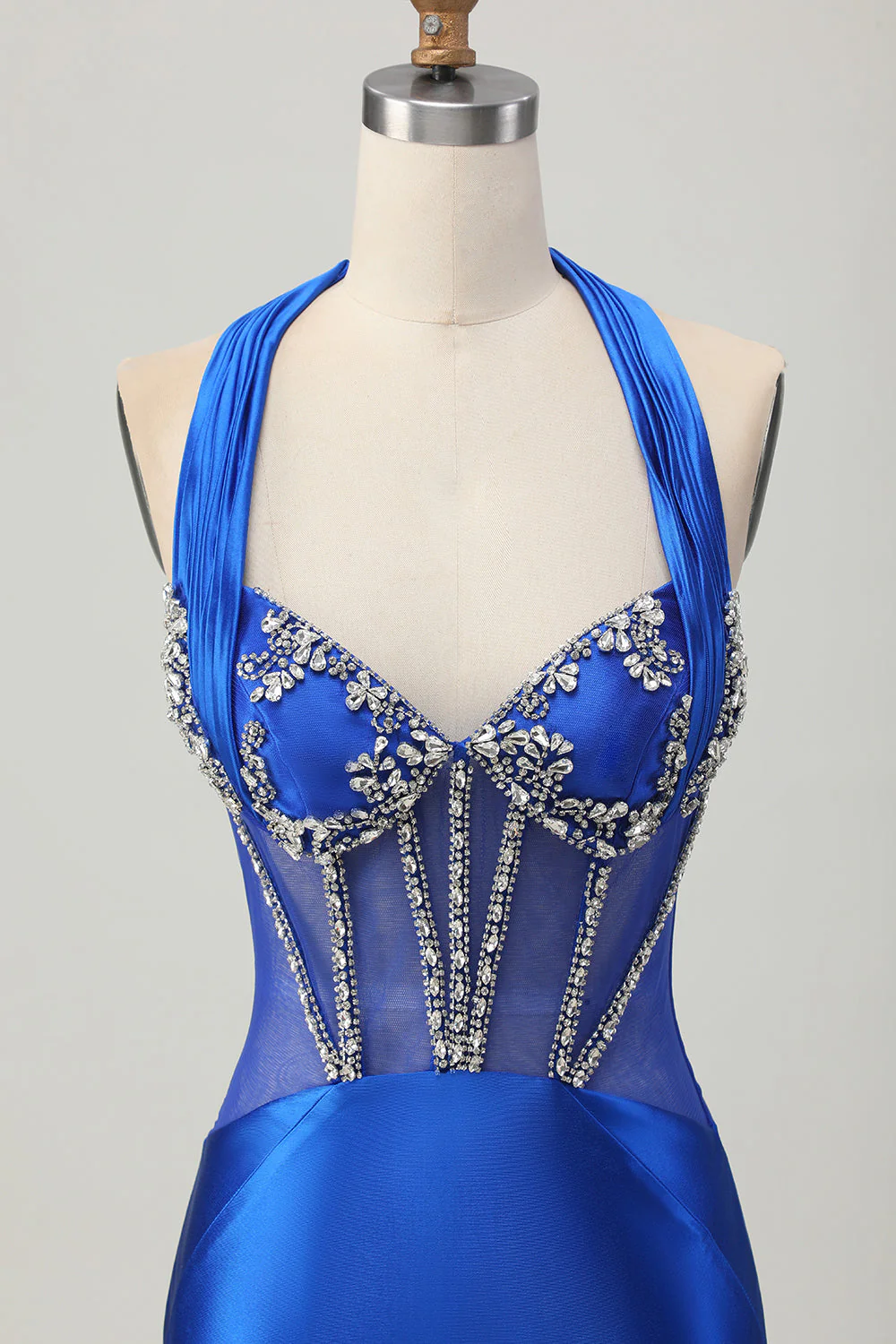Bleu royal moulante dos nu Satin Robe de soirée courte avec strass - Image 4