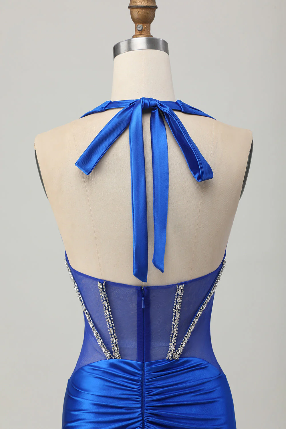 Bleu royal moulante dos nu Satin Robe de soirée courte avec strass - Image 5