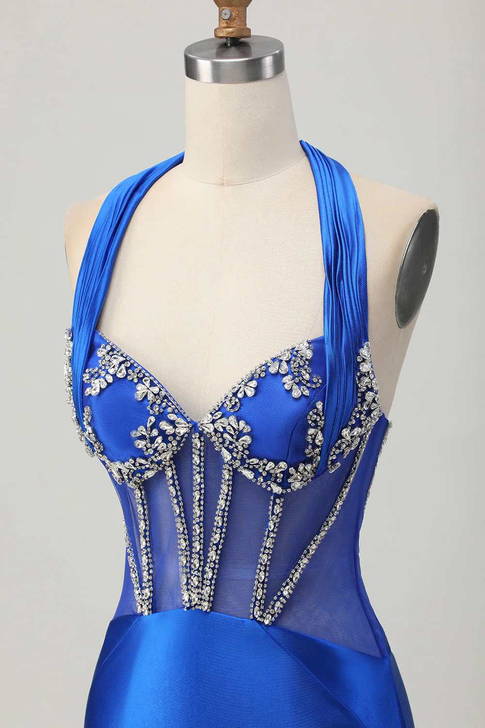 Bleu royal moulante dos nu Satin Robe de soirée courte avec strass - Image 6