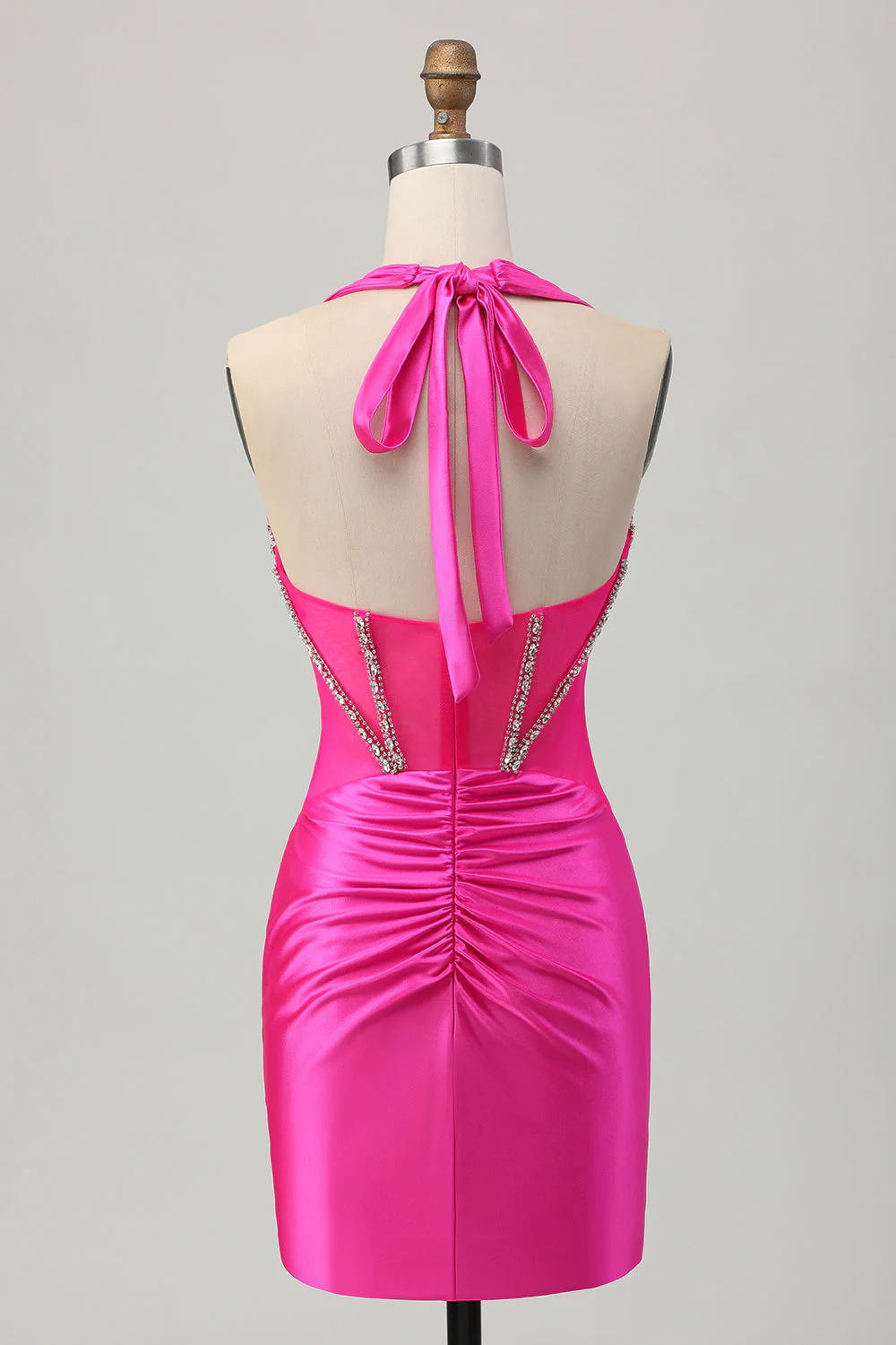 Bleu royal moulante dos nu Satin Robe de soirée courte avec strass - Image 8