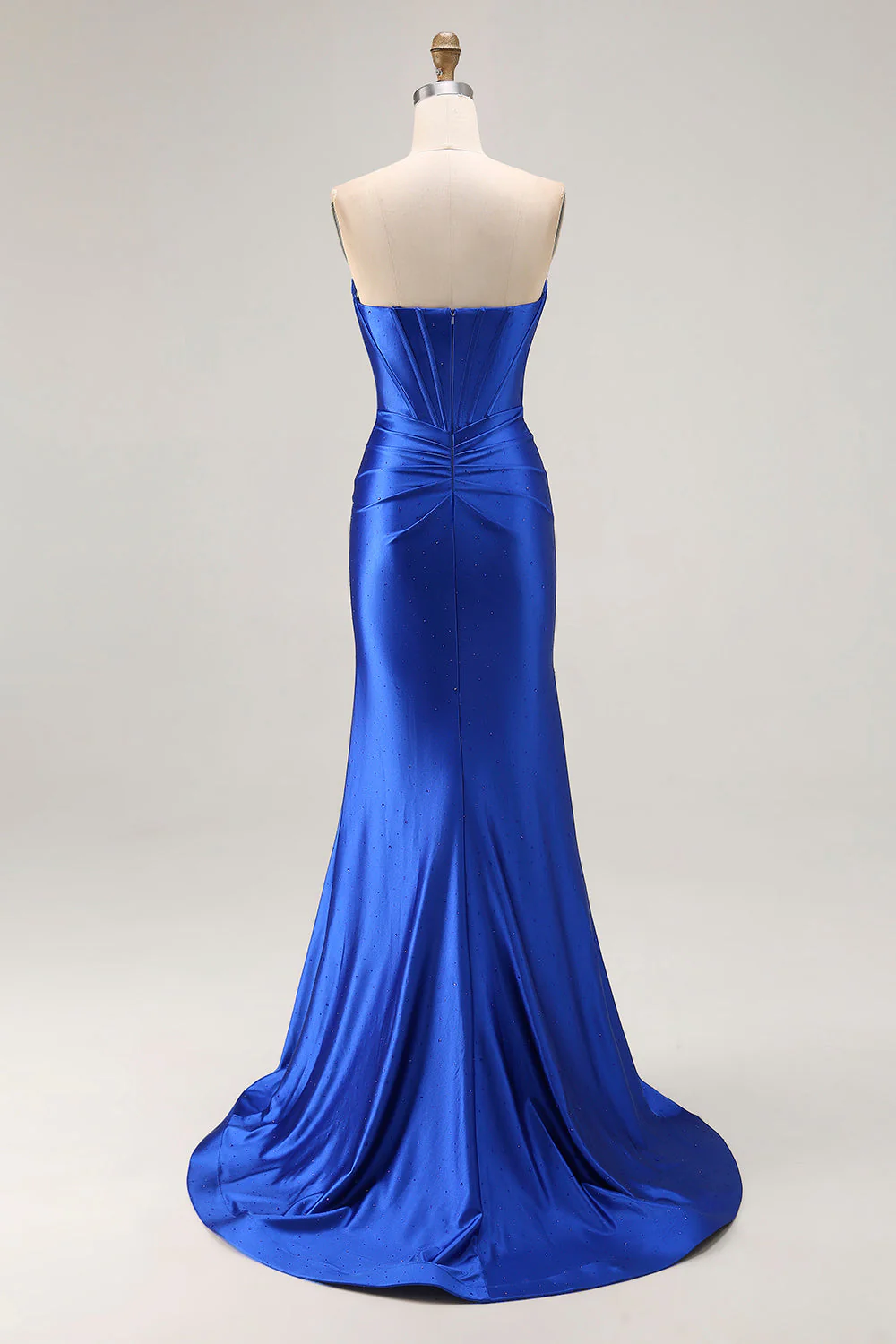Robe de soirée longue sirène bleu royal sans bretelles à corset perlé et jupe plissée avec fente - Image 2
