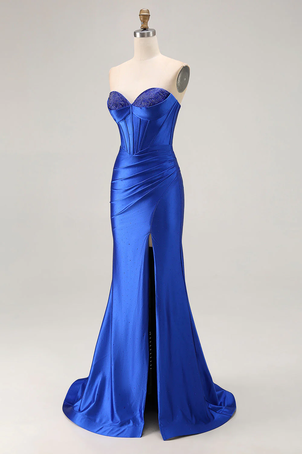 Robe de soirée longue sirène bleu royal sans bretelles à corset perlé et jupe plissée avec fente - Image 3