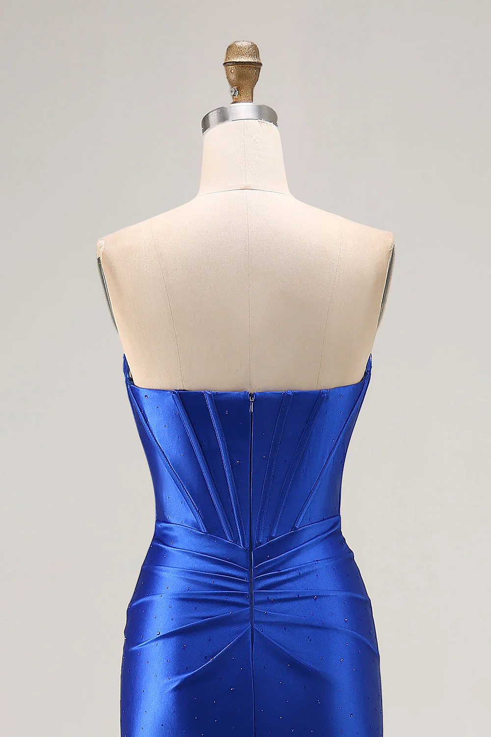 Robe de soirée longue sirène bleu royal sans bretelles à corset perlé et jupe plissée avec fente - Image 5