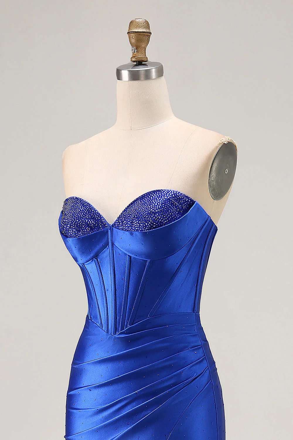 Robe de soirée longue sirène bleu royal sans bretelles à corset perlé et jupe plissée avec fente - Image 6
