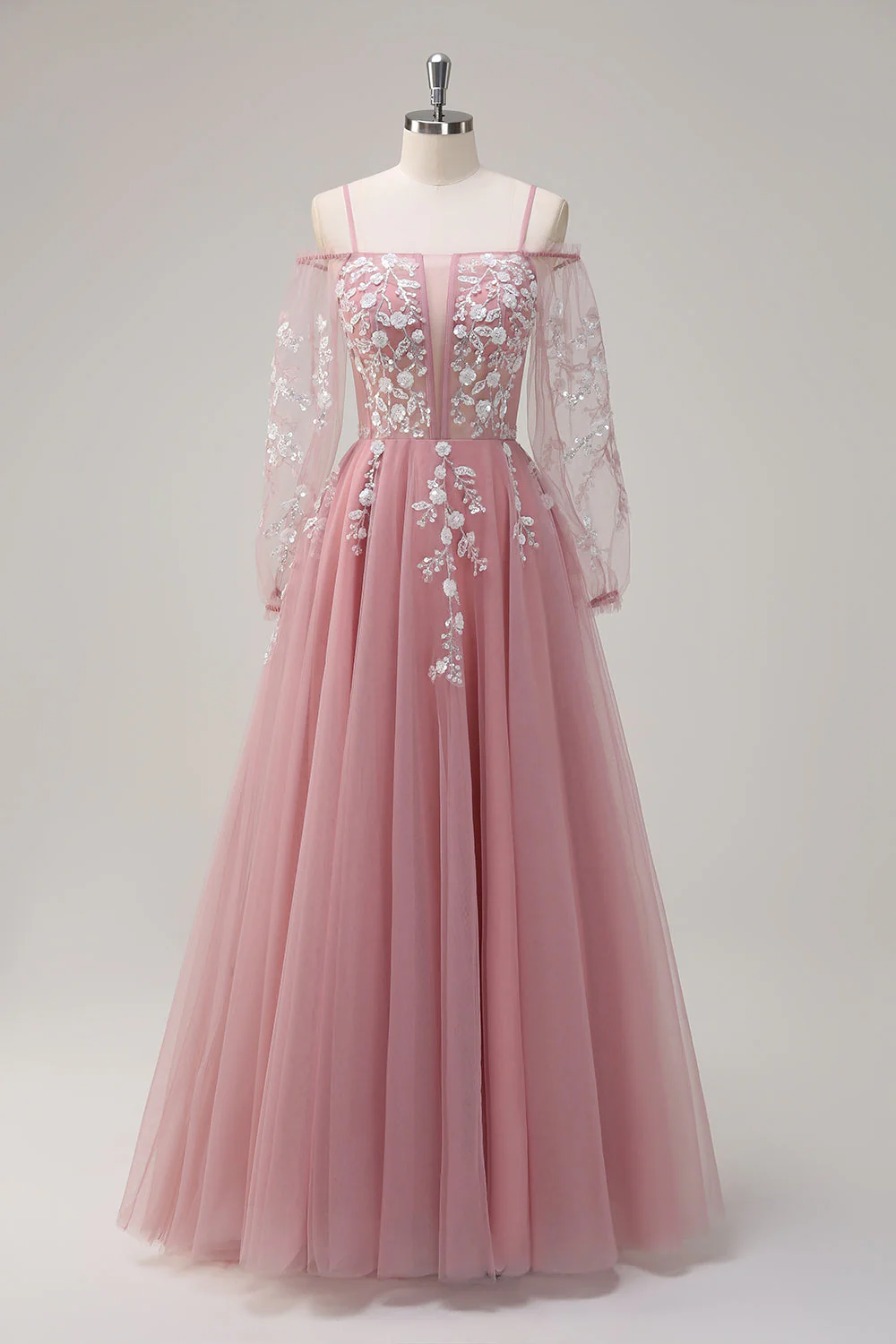 Bleu royal scintillant A-ligne épaule froide manches longues robe de Soirée longue avec appliques - Image 12