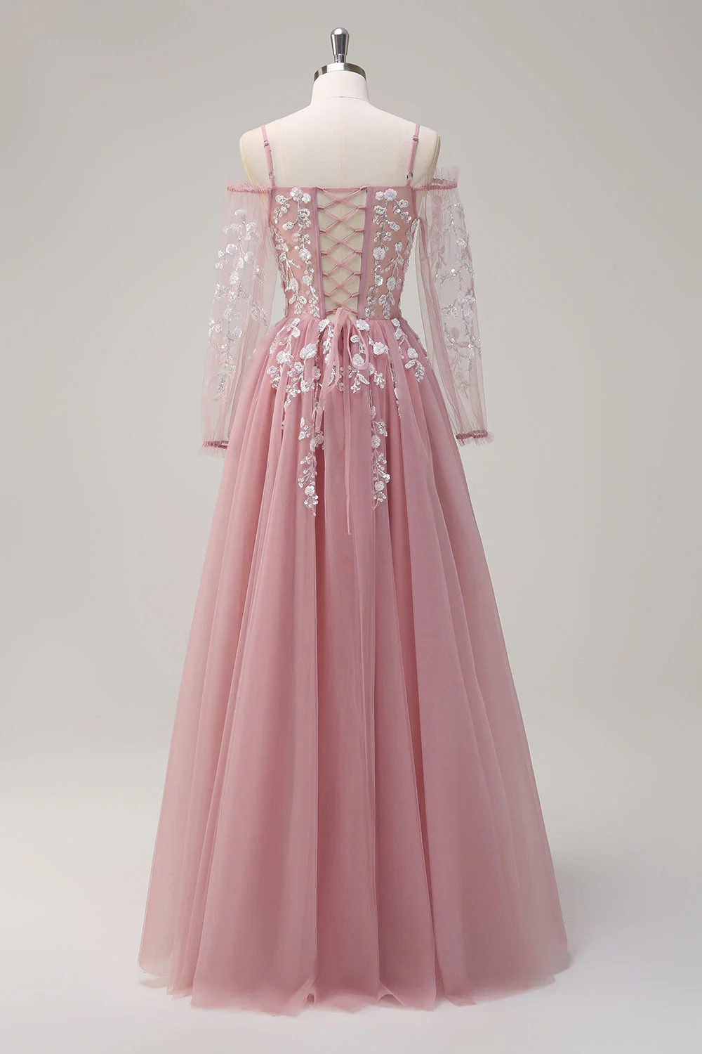 Bleu royal scintillant A-ligne épaule froide manches longues robe de Soirée longue avec appliques - Image 13