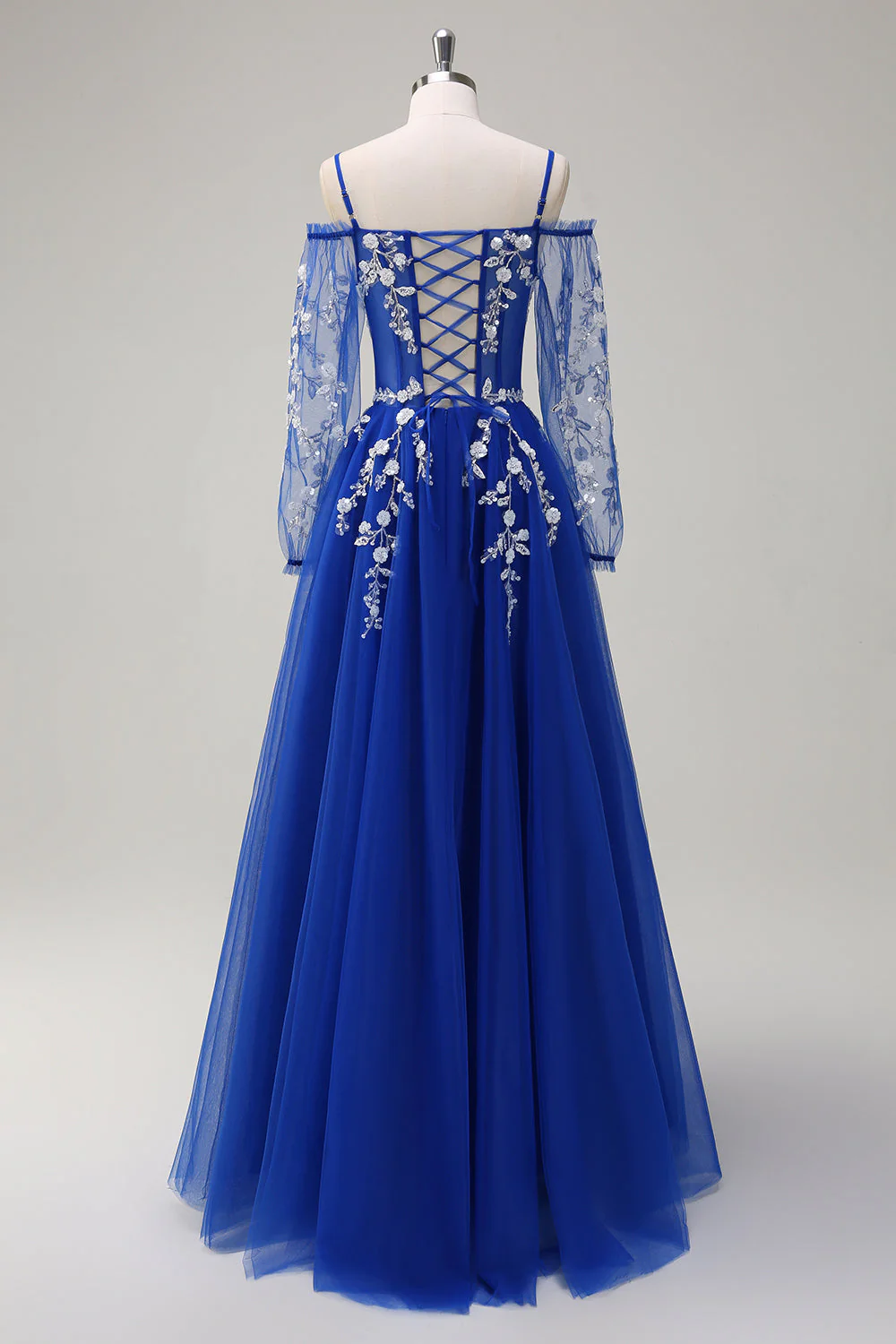 Bleu royal scintillant A-ligne épaule froide manches longues robe de Soirée longue avec appliques - Image 2