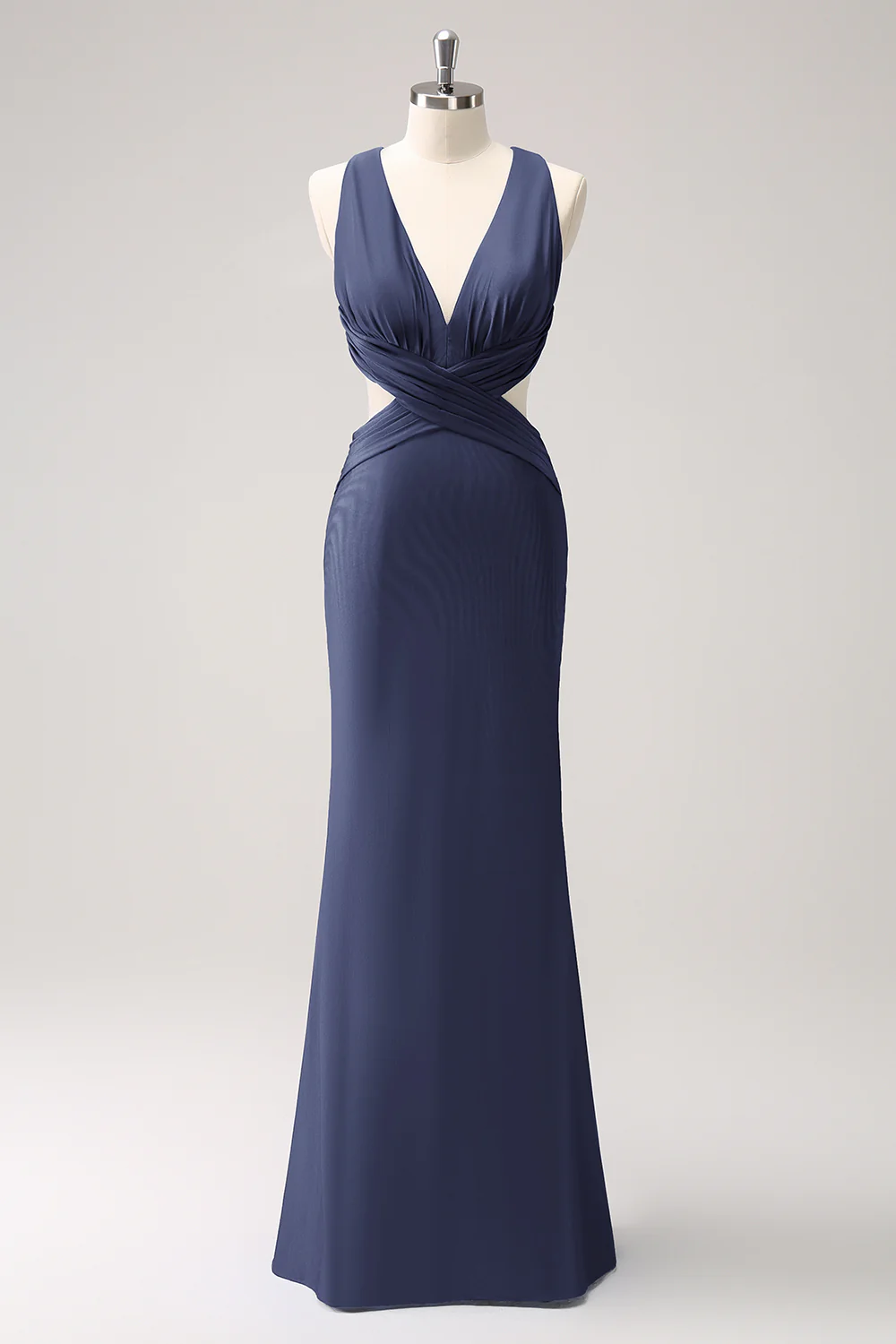 Bleu royal sirène col en V découpé froncé longue robe de demoiselle d’honneur - Image 14