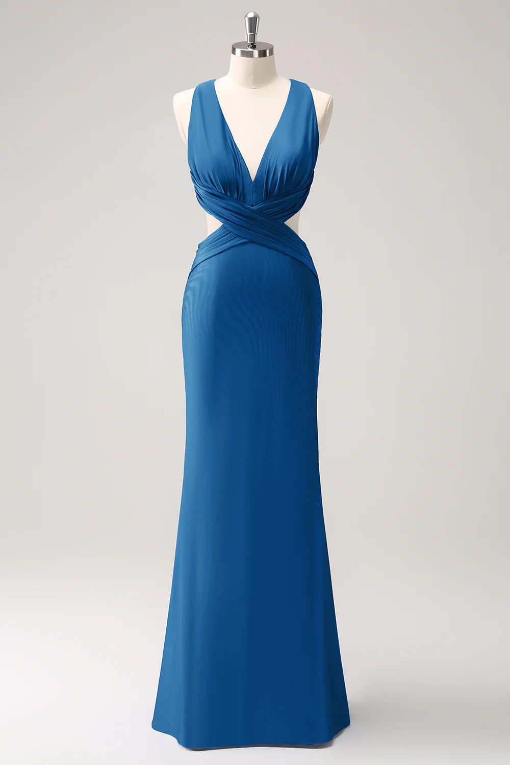 Bleu royal sirène col en V découpé froncé longue robe de demoiselle d’honneur - Image 22