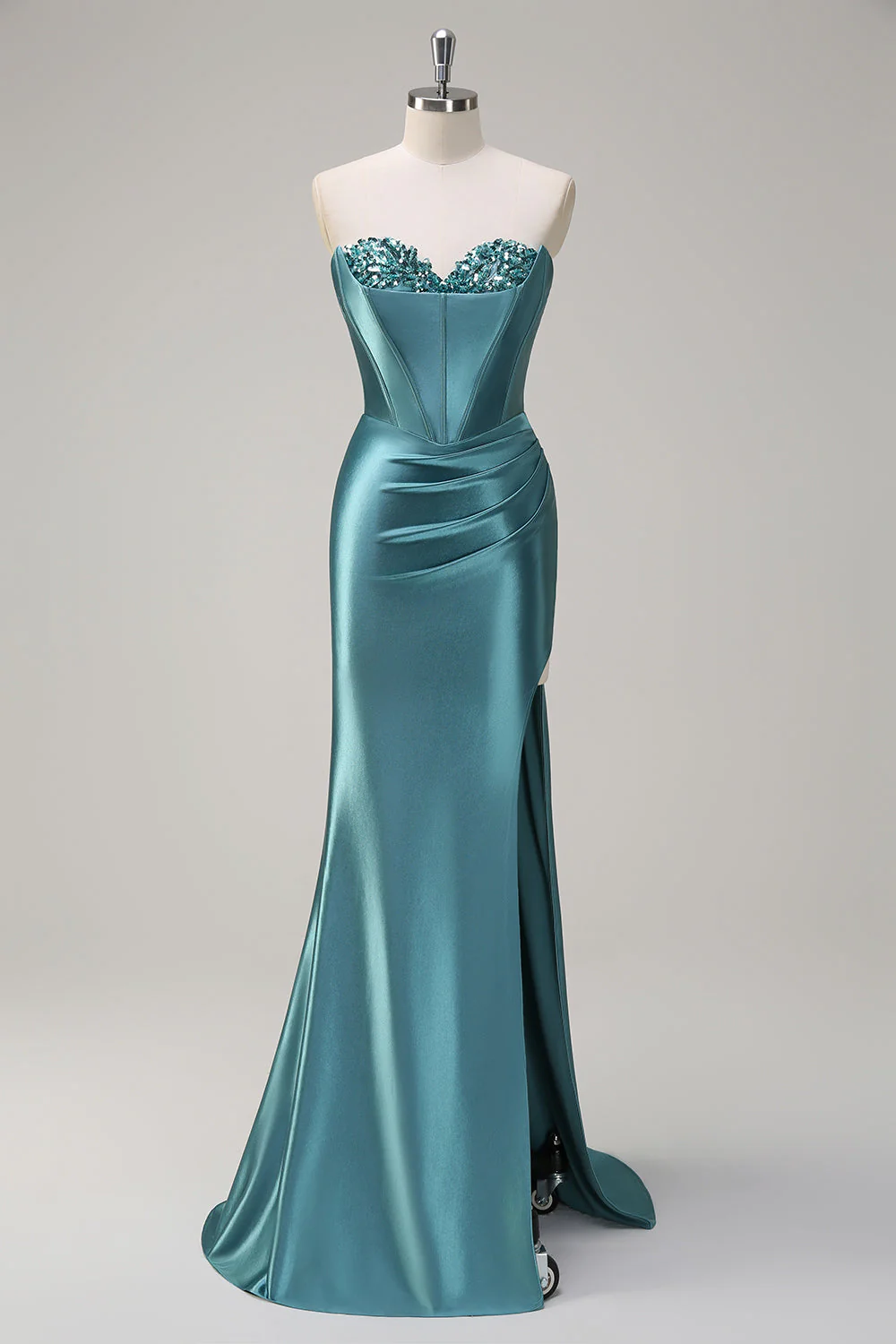 Bleu royal Sirène sans bretelles Corset Sequin Ruched Robe longue de bal avec fente - Image 13