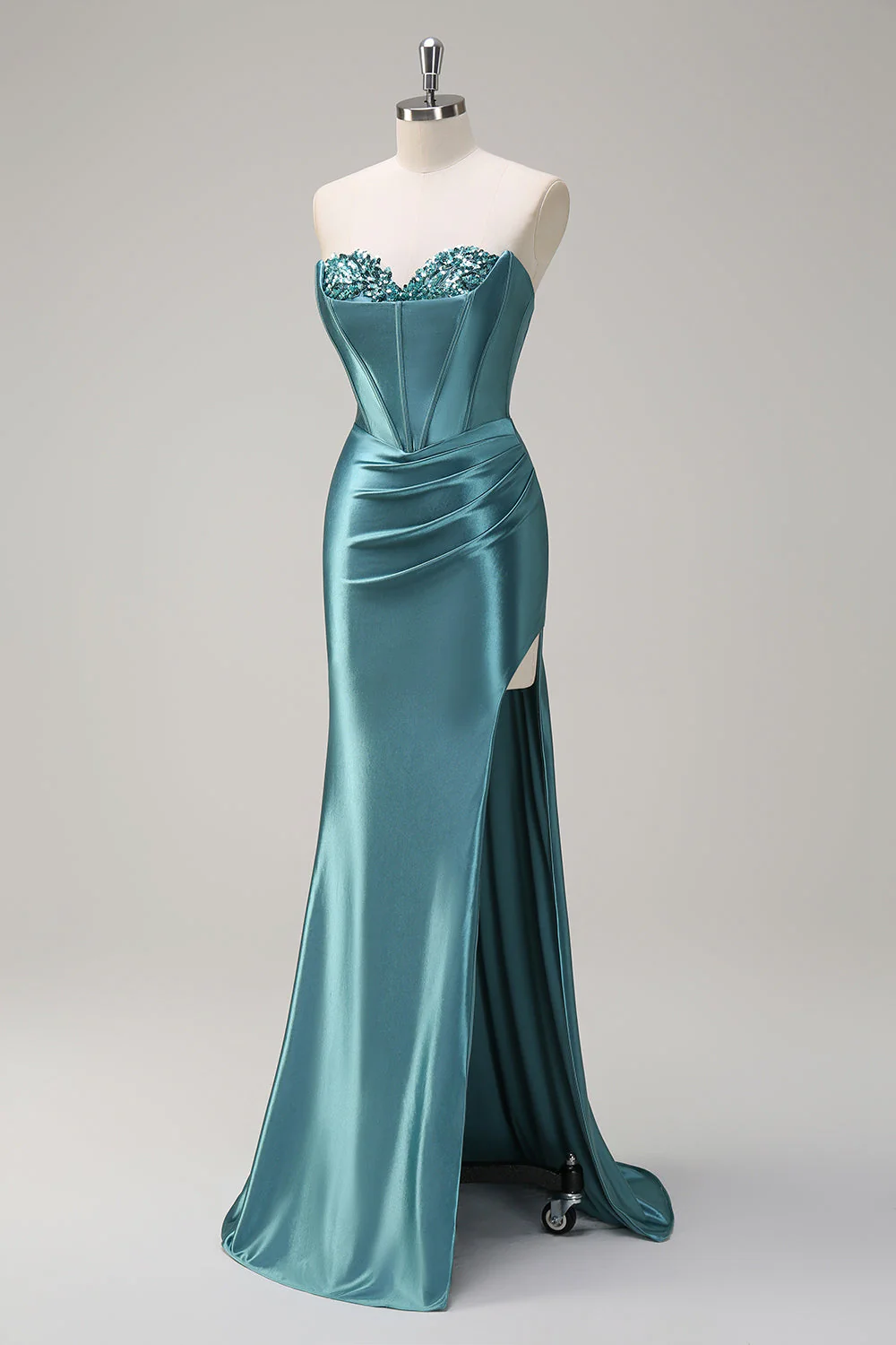 Bleu royal Sirène sans bretelles Corset Sequin Ruched Robe longue de bal avec fente - Image 15