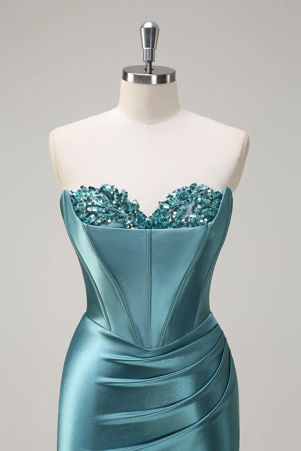 Bleu royal Sirène sans bretelles Corset Sequin Ruched Robe longue de bal avec fente - Image 16