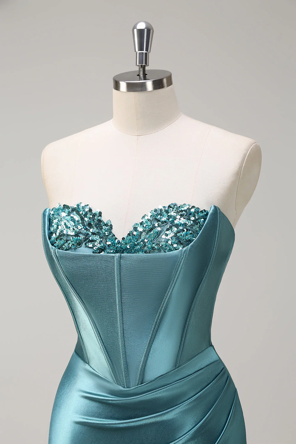Bleu royal Sirène sans bretelles Corset Sequin Ruched Robe longue de bal avec fente - Image 18