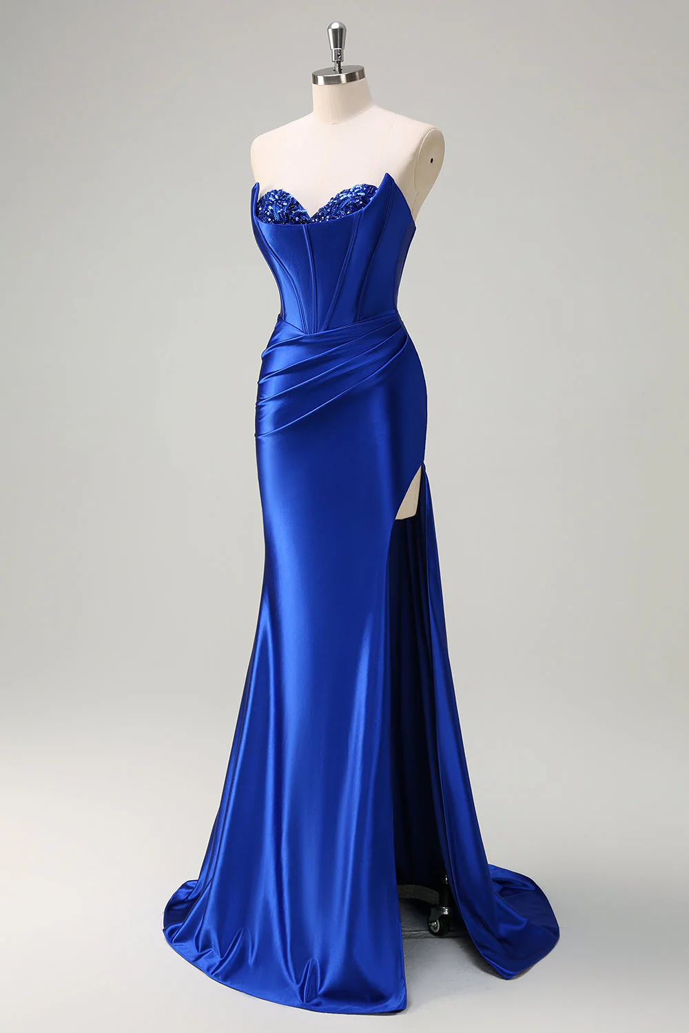 Bleu royal Sirène sans bretelles Corset Sequin Ruched Robe longue de bal avec fente - Image 3