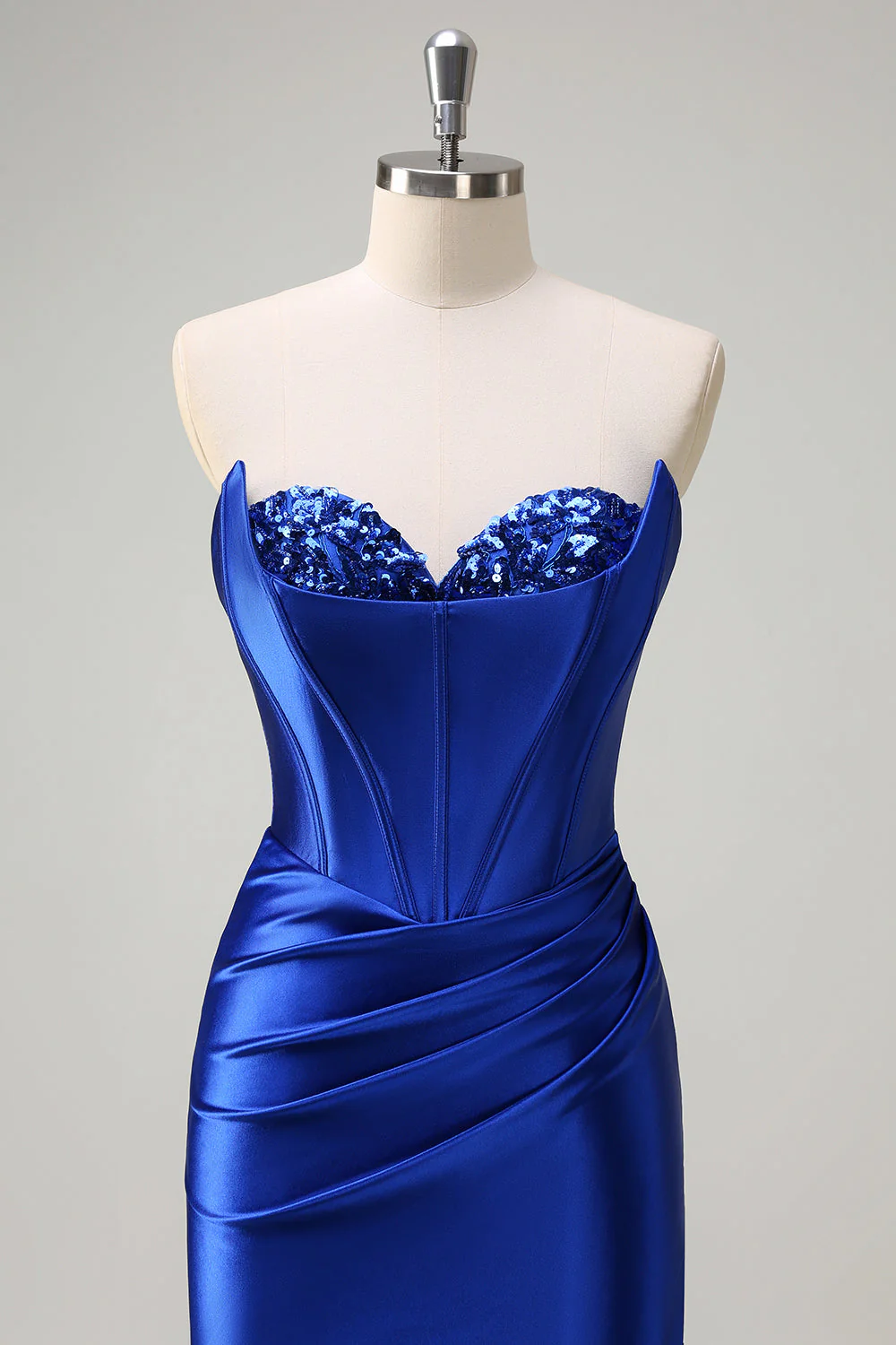 Bleu royal Sirène sans bretelles Corset Sequin Ruched Robe longue de bal avec fente - Image 4