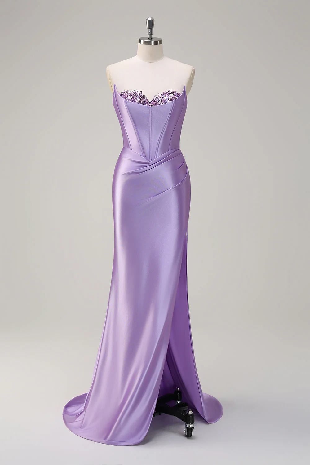 Bleu royal Sirène sans bretelles Corset Sequin Ruched Robe longue de bal avec fente - Image 7