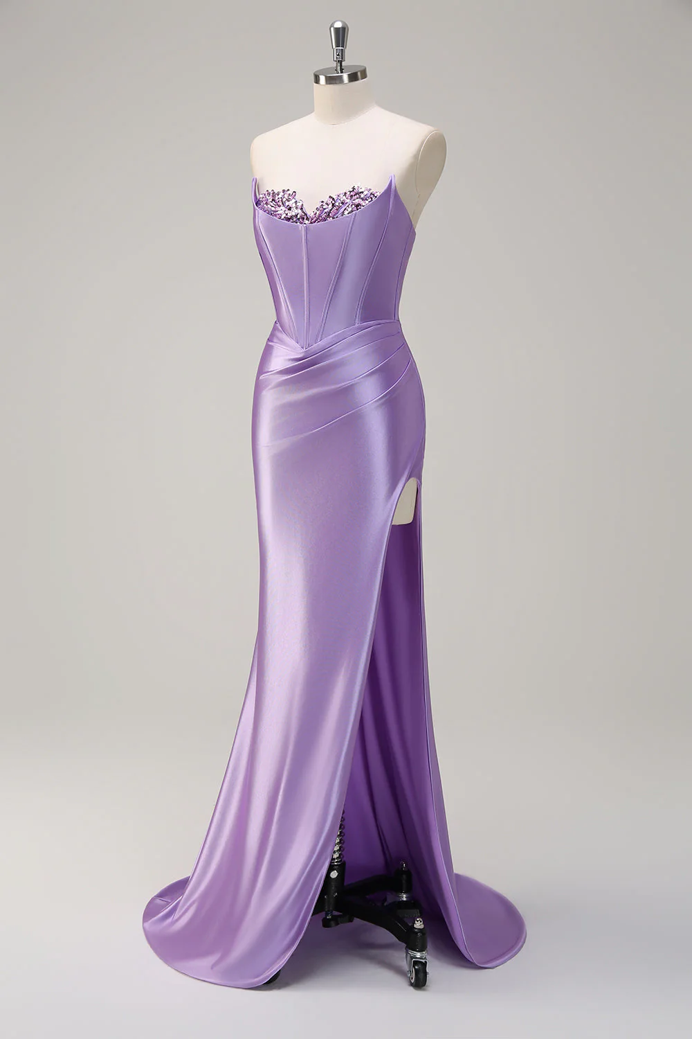 Bleu royal Sirène sans bretelles Corset Sequin Ruched Robe longue de bal avec fente - Image 9