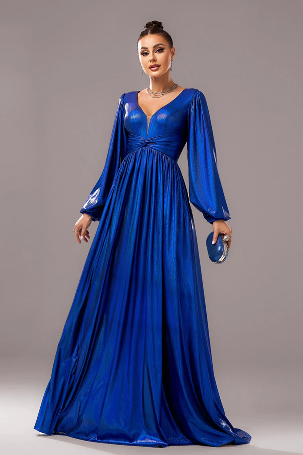 Bleu royal trapèze col en V manches longues plissé Robe longue formelle