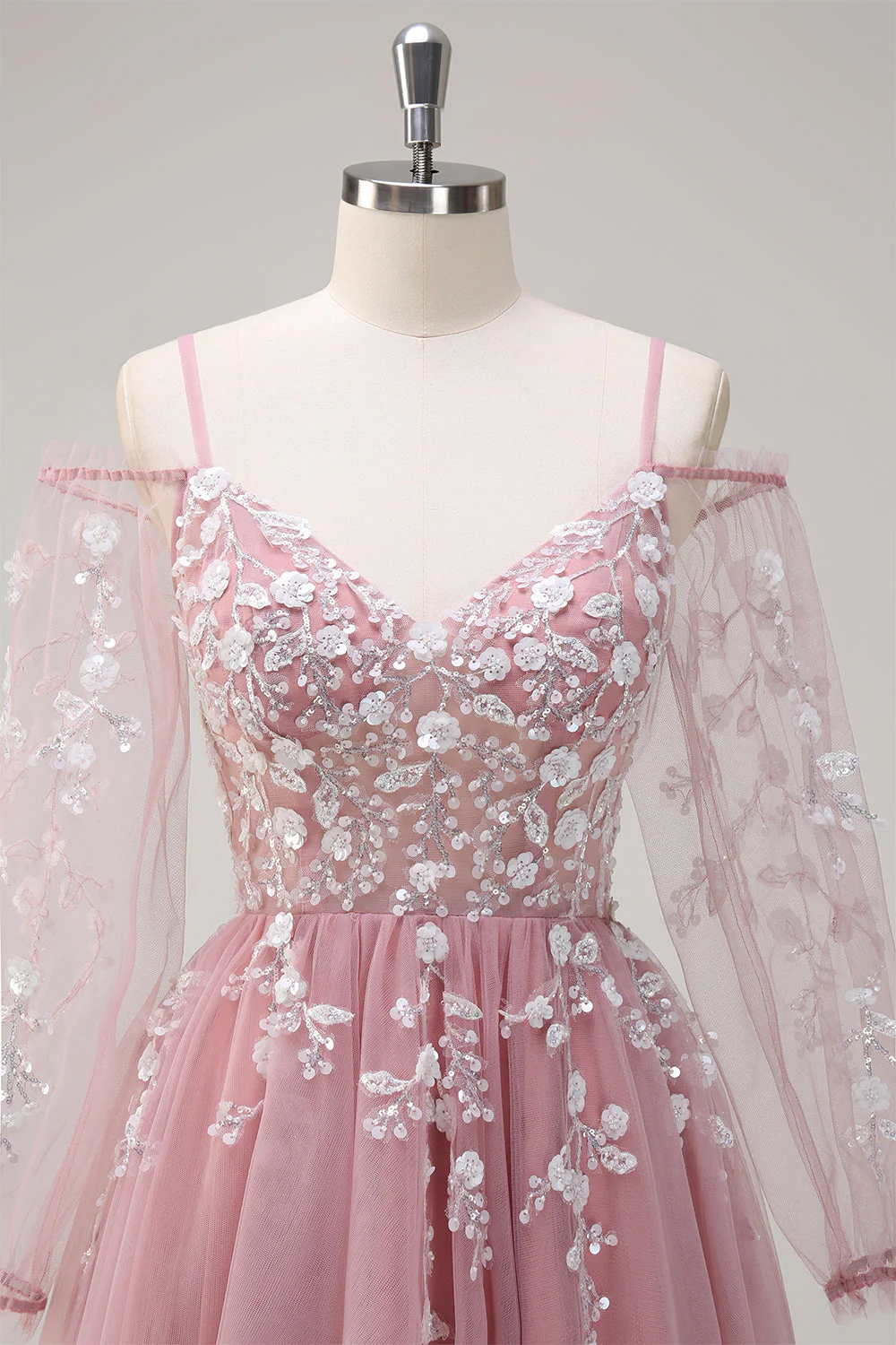 Bleu royal trapèze épaule froide à paillettes applique robe longue de bal avec fente en tulle - Image 10