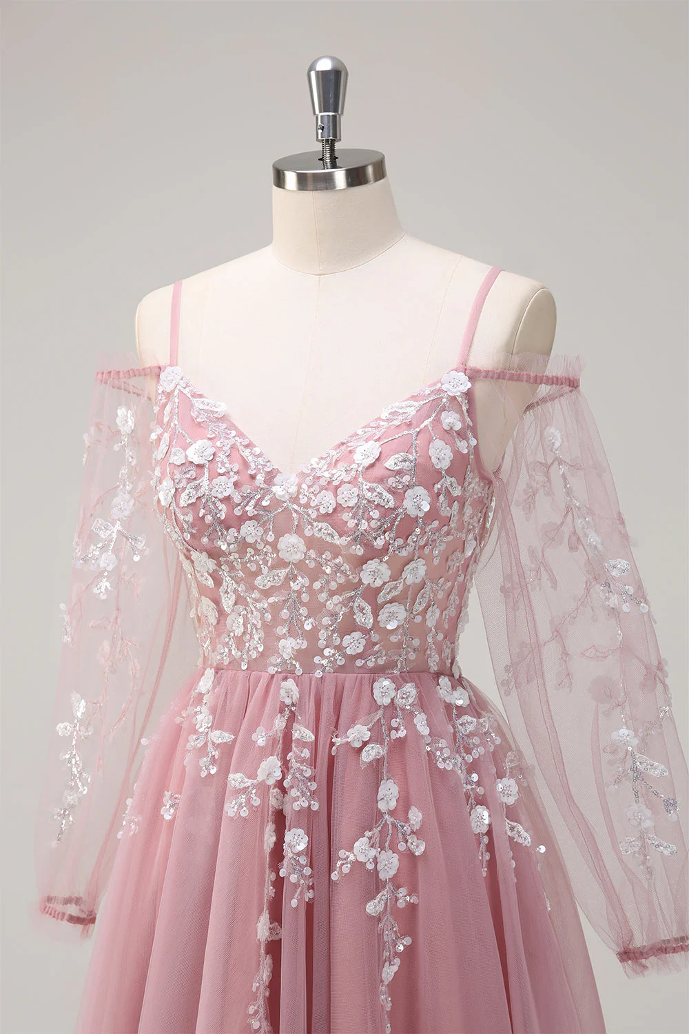 Bleu royal trapèze épaule froide à paillettes applique robe longue de bal avec fente en tulle - Image 12