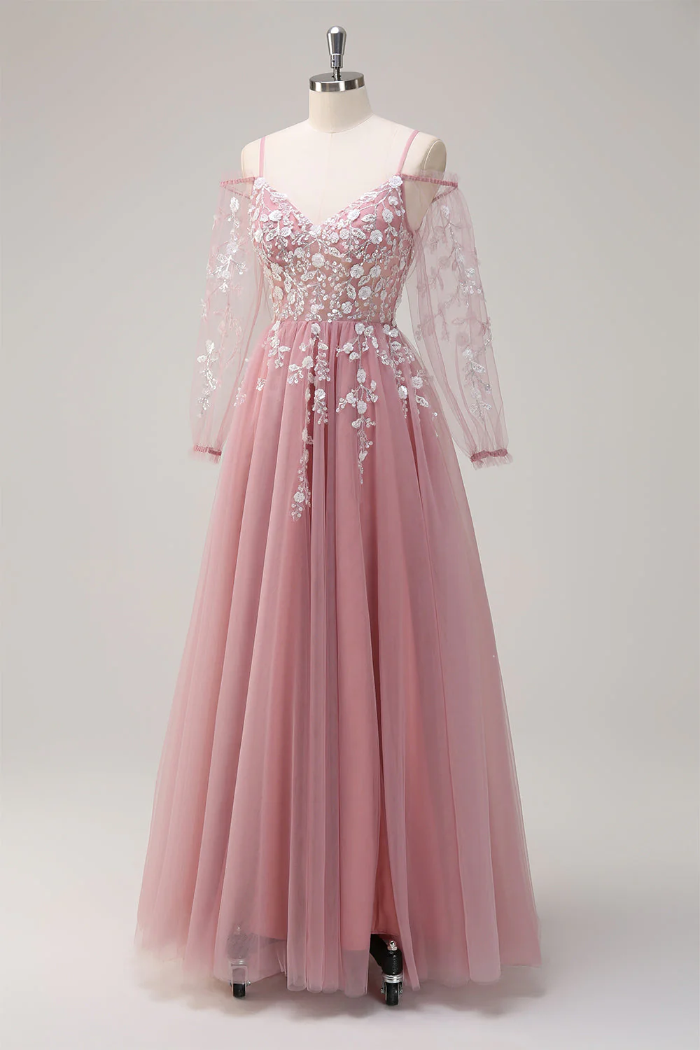 Bleu royal trapèze épaule froide à paillettes applique robe longue de bal avec fente en tulle - Image 9