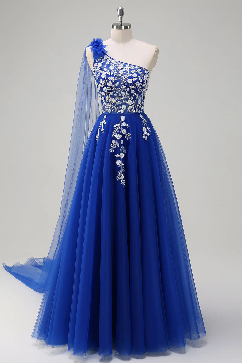 Bleu royal trapèze une épaule Watteau traîne appliques robe de Soirée avec lacets dans le dos