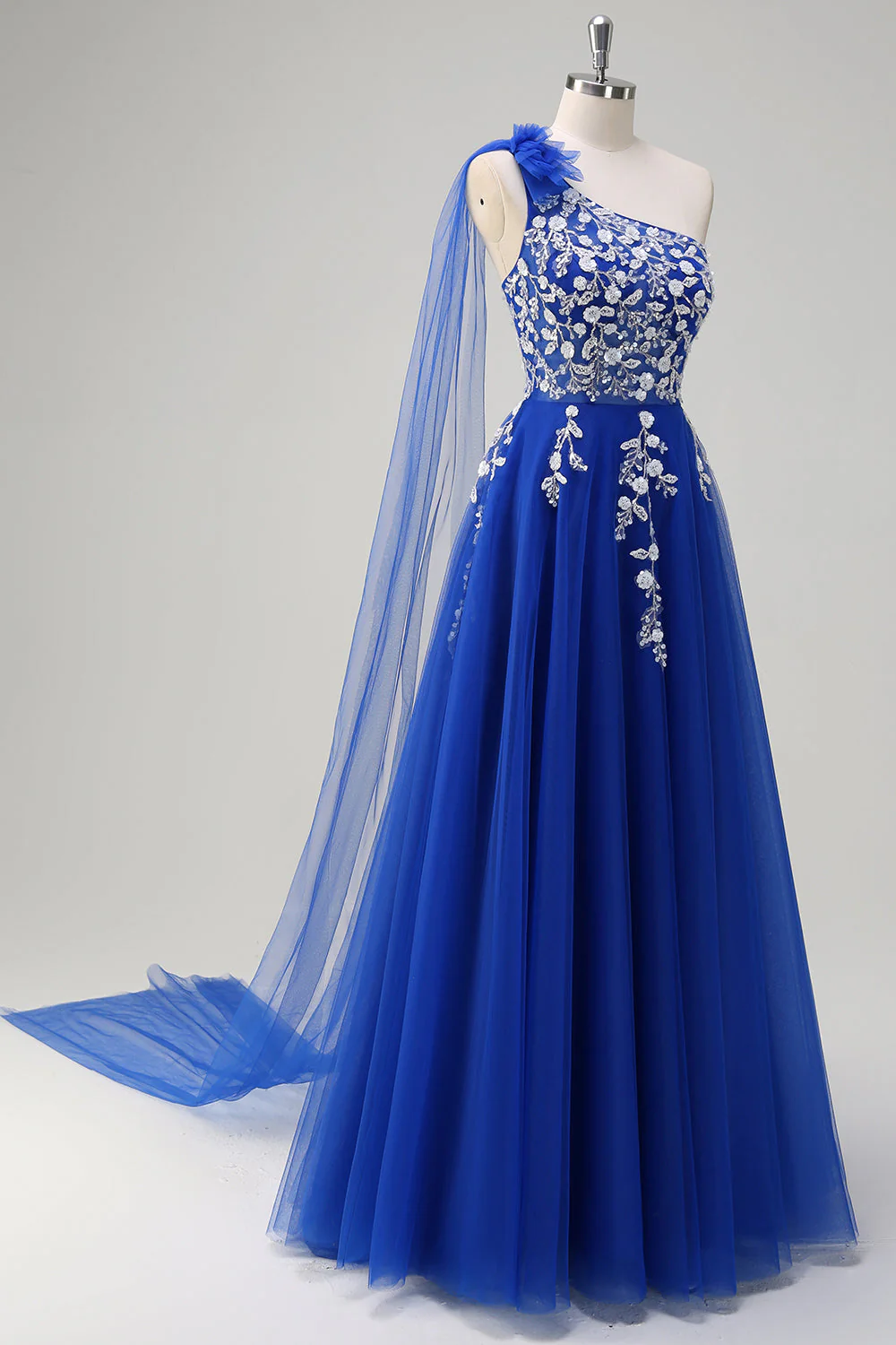 Bleu royal trapèze une épaule Watteau traîne appliques robe de Soirée avec lacets dans le dos - Image 3