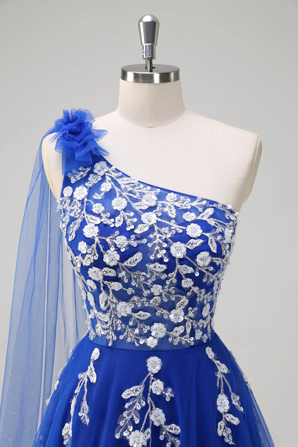 Bleu royal trapèze une épaule Watteau traîne appliques robe de Soirée avec lacets dans le dos - Image 4