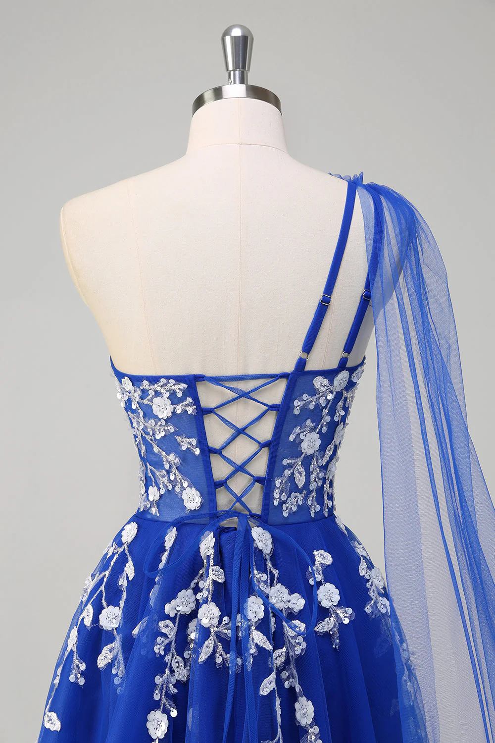 Bleu royal trapèze une épaule Watteau traîne appliques robe de Soirée avec lacets dans le dos - Image 5