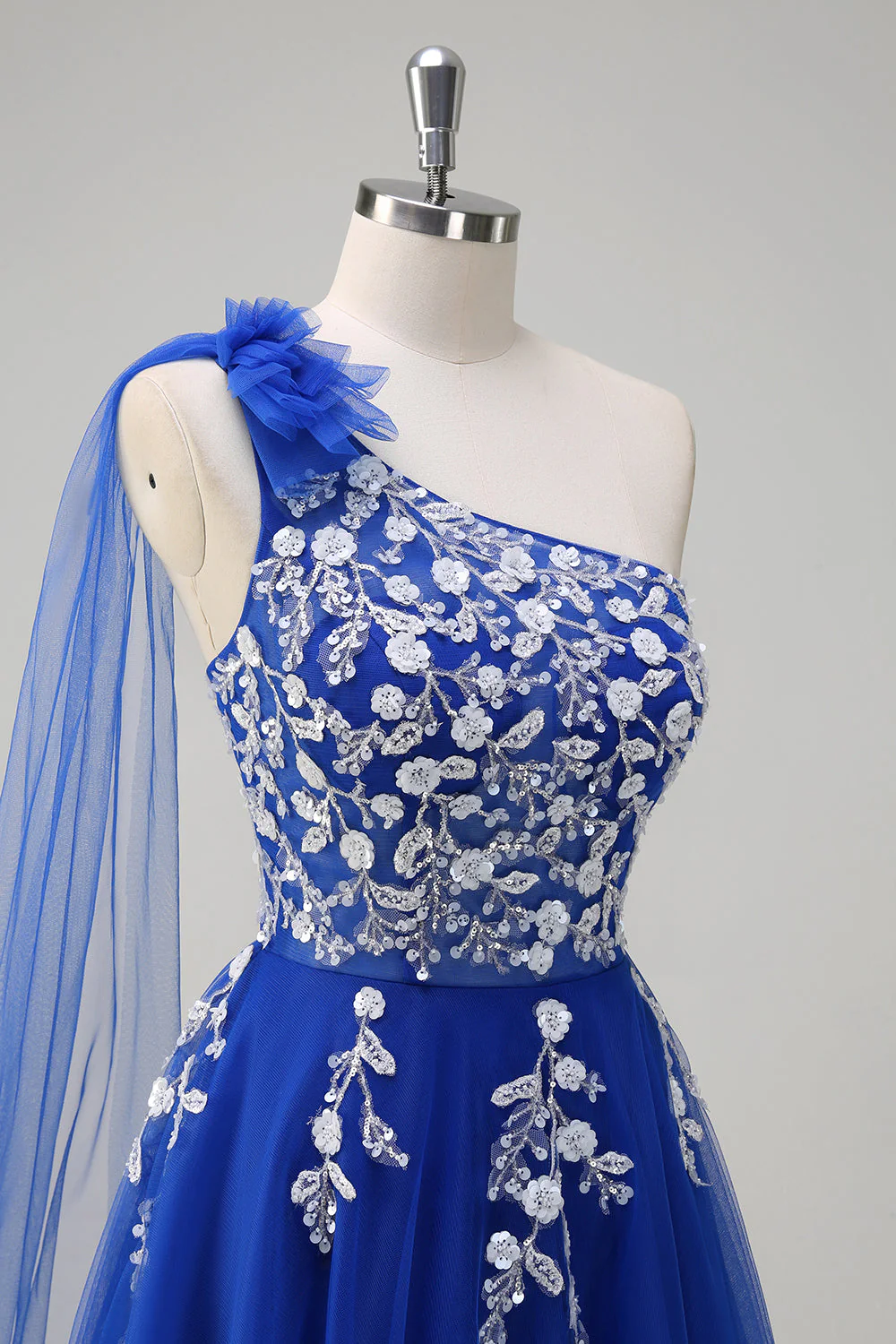 Bleu royal trapèze une épaule Watteau traîne appliques robe de Soirée avec lacets dans le dos - Image 6
