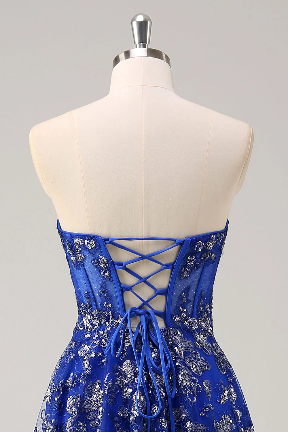 Bleu royal une ligne sans bretelles appliques corset robe longue de bal avec fente - Image 5