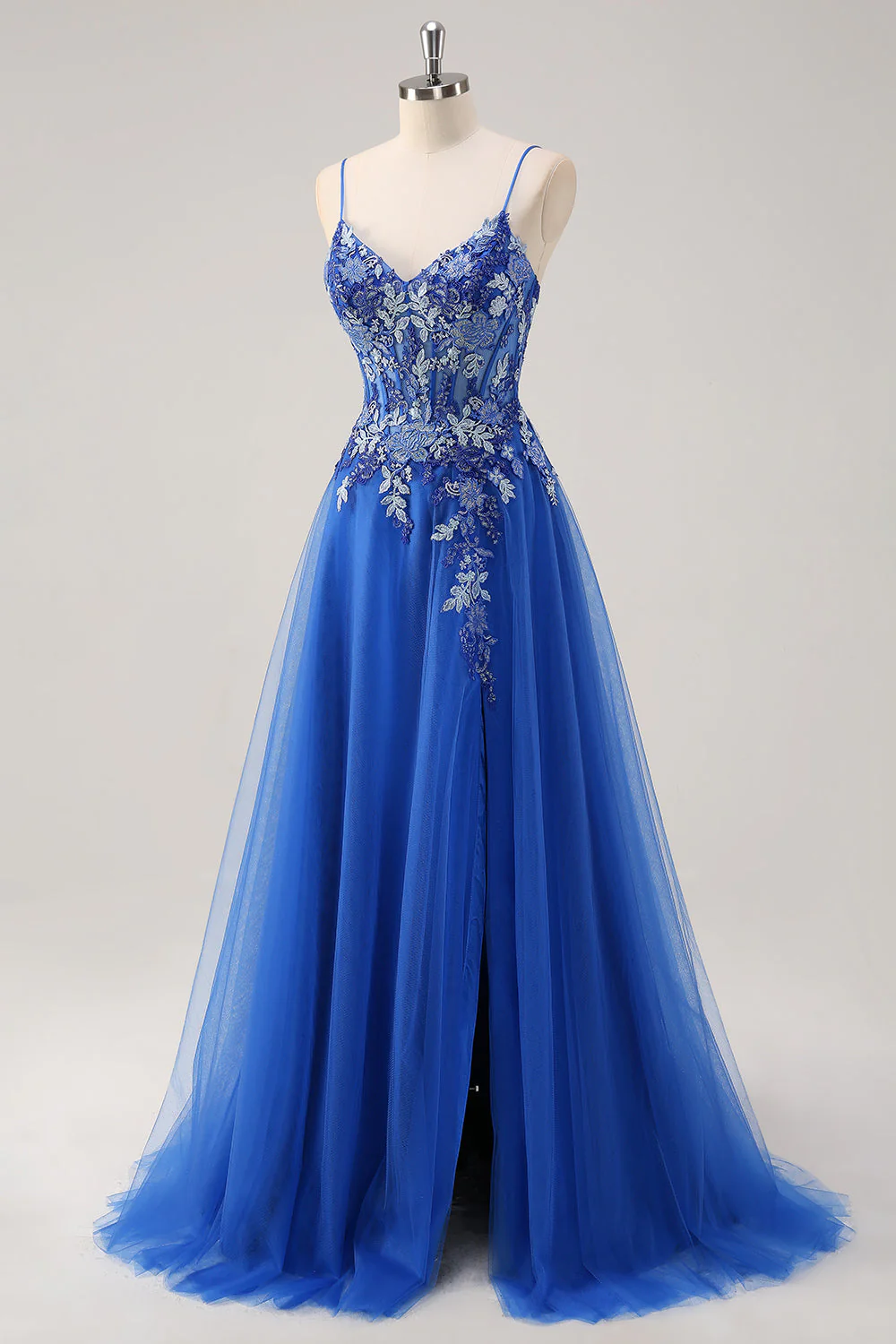 Robe de soirée bleu royal en tulle à bretelles spaghetti corset coupe trapèze avec broderie - Image 5