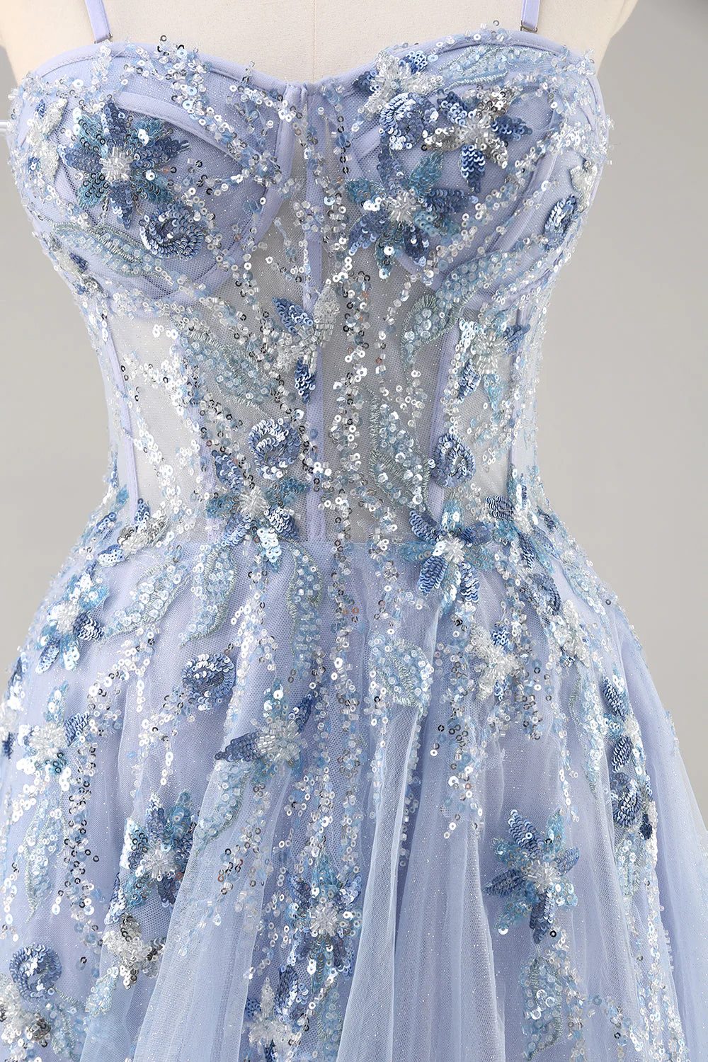 Robe de soirée longue bleu royal en tulle scintillante à corset sans bretelles fendue coupe trapèze - Image 9