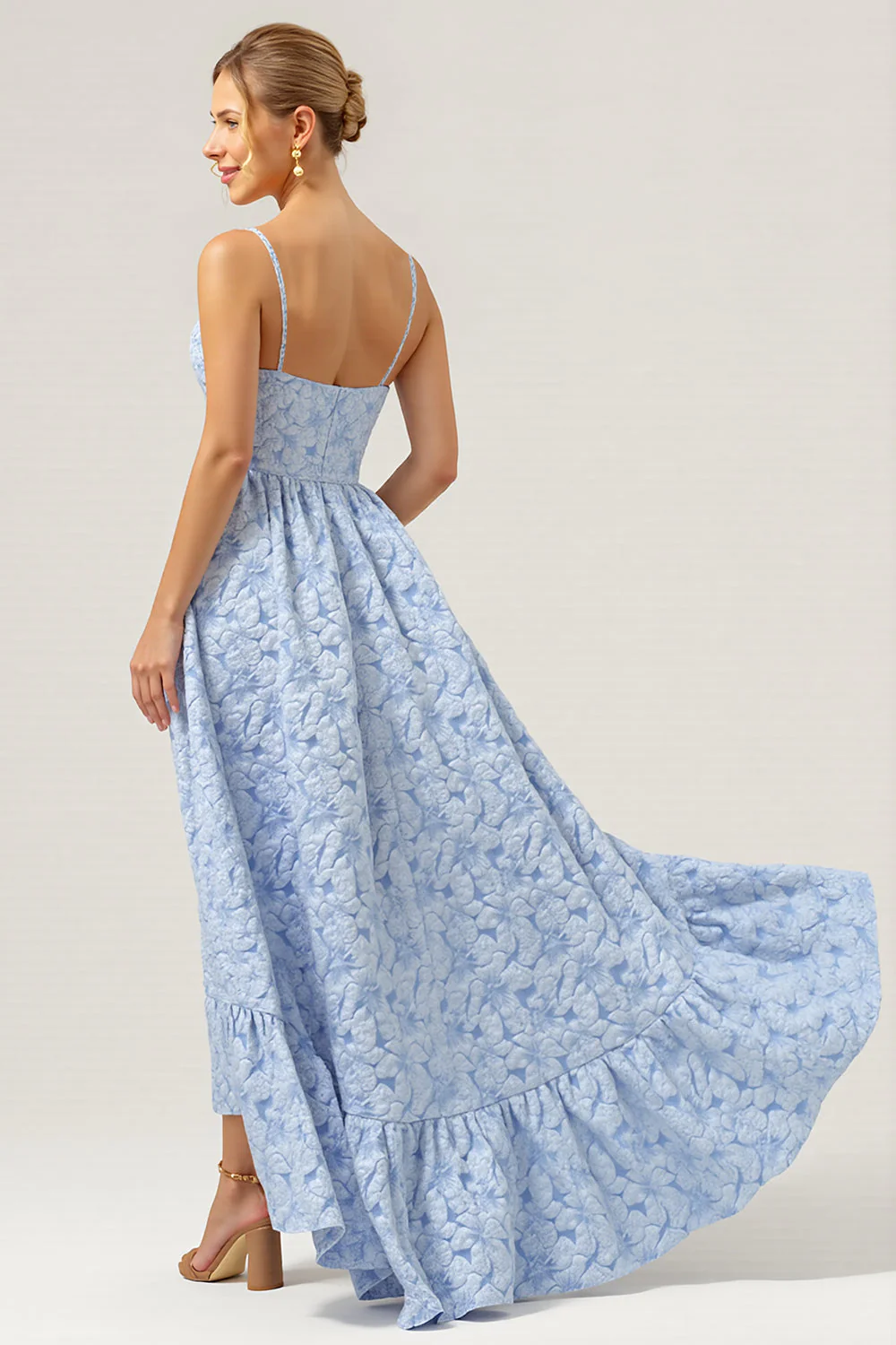 Robe de demoiselle d'honneur longue bleue ligne A imprimé floral bretelles spaghetti - Image 2