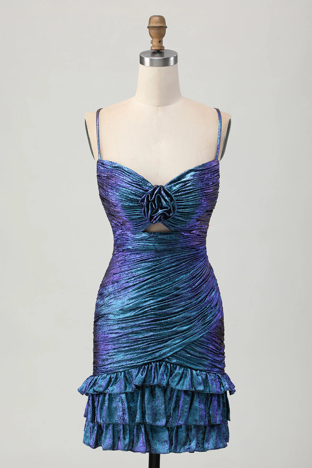Bleu violet froncé découpé à volants métallique Robe de cocktail - Image 7