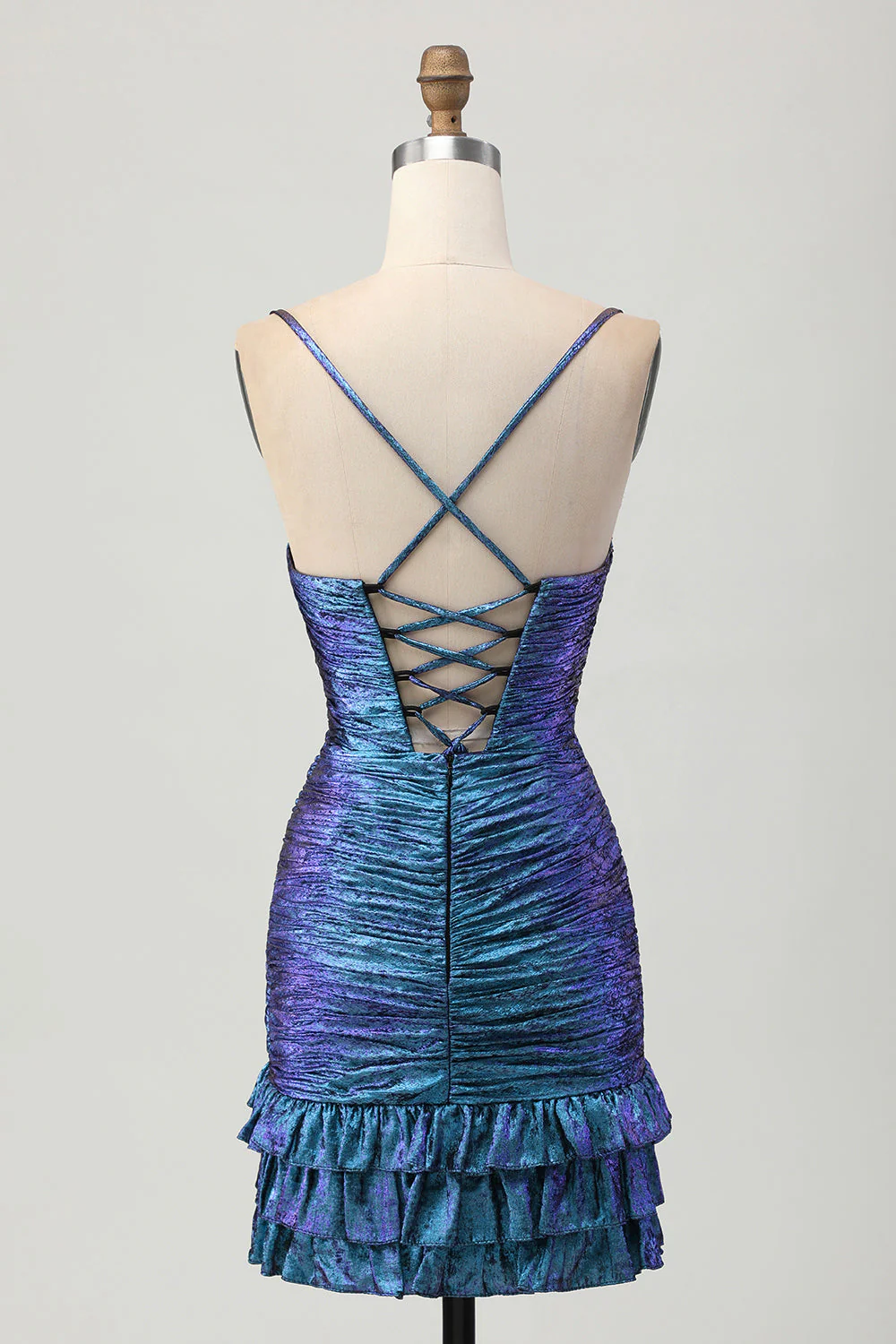 Bleu violet froncé découpé à volants métallique Robe de cocktail - Image 8