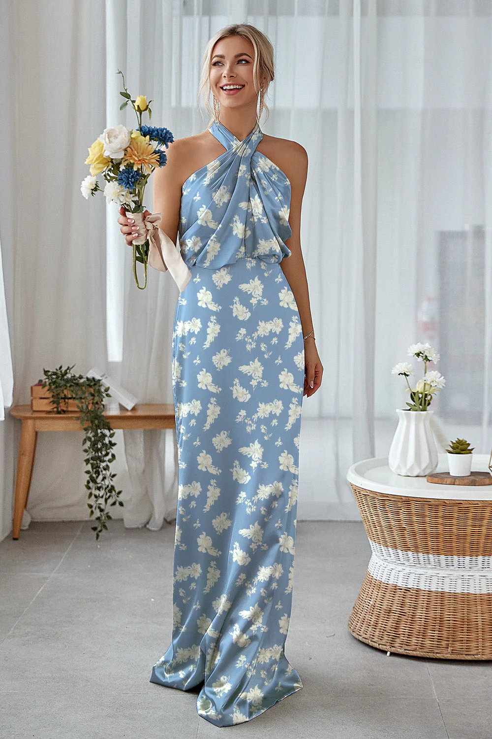 Bloom Bleu marine Fourreau dos nu Robe longue de demoiselle d’honneur en satin - Image 3