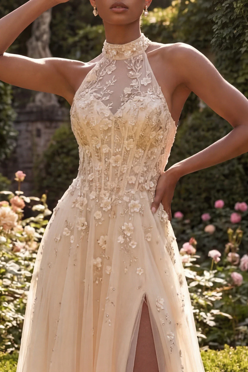 Blush à dos nuus Corset 3D Fleurs en tulle Robe longue de bal avec fente - Image 5