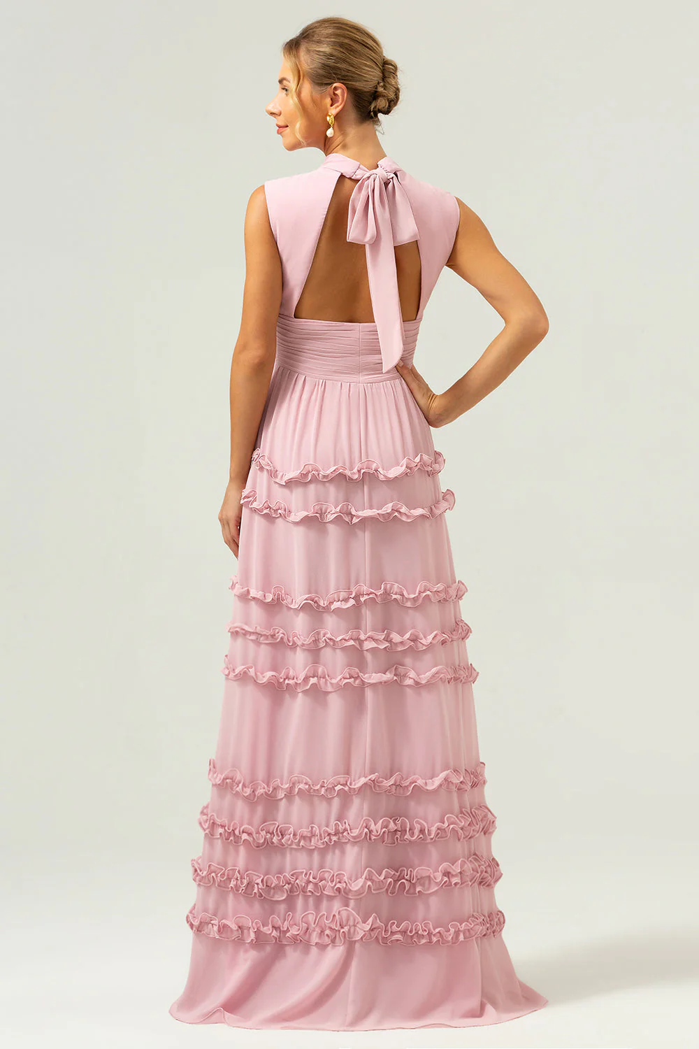 Blush A-ligne Robe de demoiselle d’honneur longue en mousseline de soie à volants avec dos ouvert - Image 2