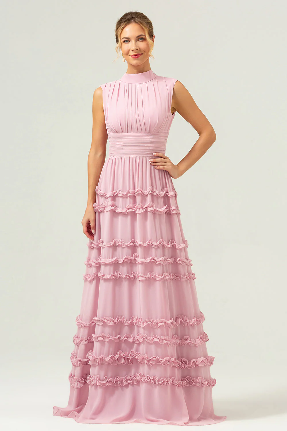 Blush A-ligne Robe de demoiselle d’honneur longue en mousseline de soie à volants avec dos ouvert - Image 3