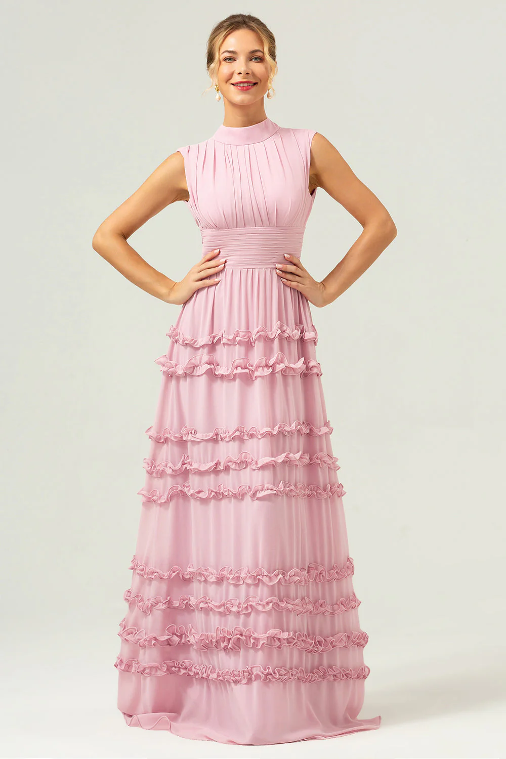 Blush A-ligne Robe de demoiselle d’honneur longue en mousseline de soie à volants avec dos ouvert - Image 4